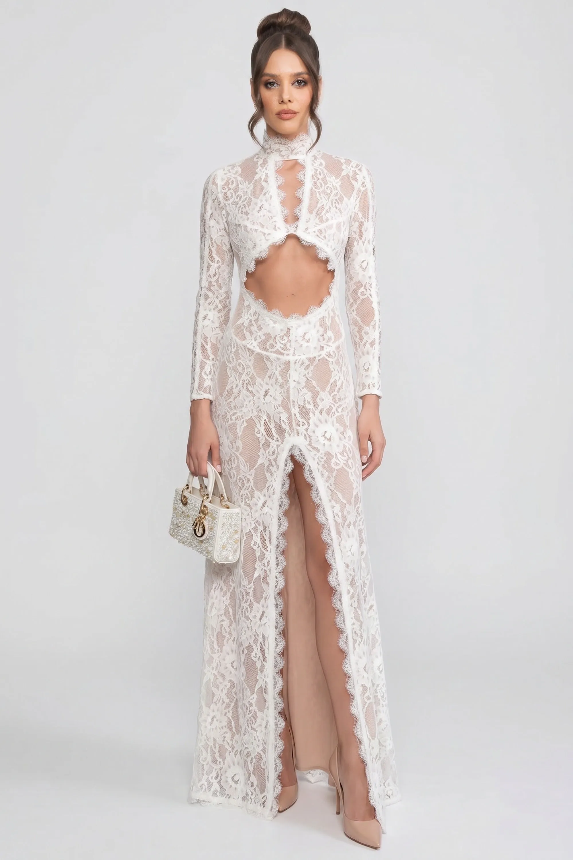 Elegant Lace Gown With High Neck, Front Cutout And Slit - White sold by Sierra darien