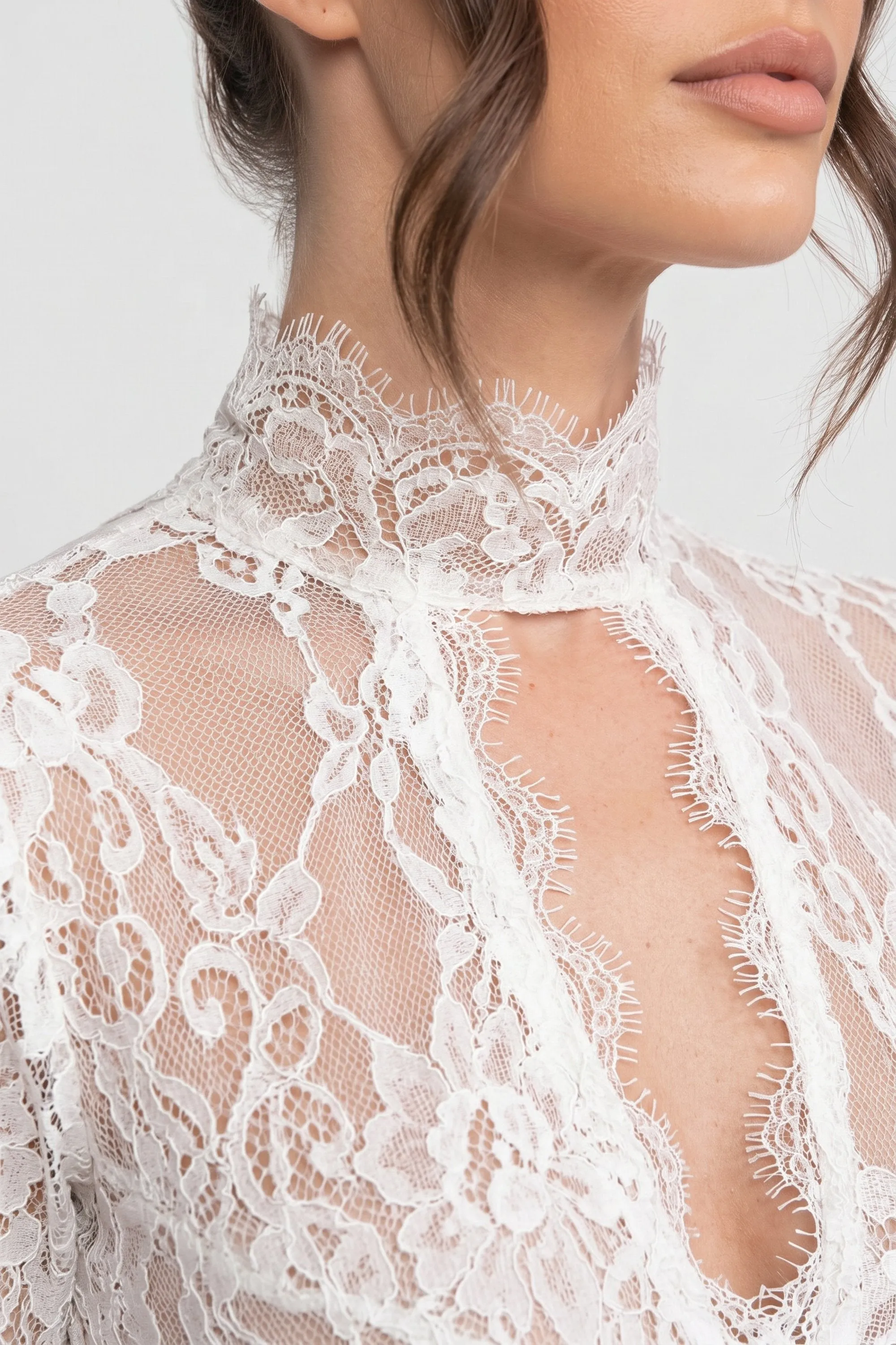Elegant Lace Gown With High Neck, Front Cutout And Slit - White sold by Sierra darien product image thumbnail 5