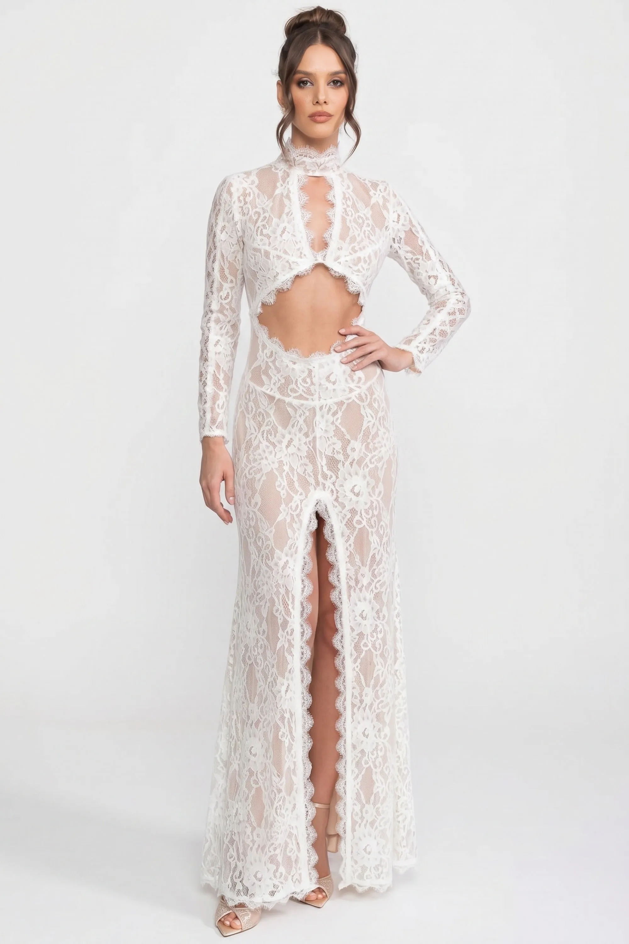Elegant Lace Gown With High Neck, Front Cutout And Slit - White sold by Sierra darien product image thumbnail 3
