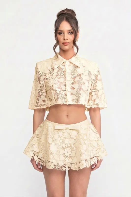 Lace Co-Ord Set With Button Cape And Bow Mini Skirt - Ivoire made by Sierra darien