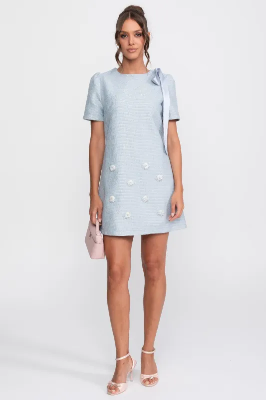 Bow Shoulder Sequin Tweed Mini Dress With Sparkling Flowers - Light Blue made by Sierra darien
