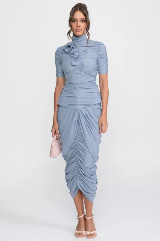 Rosette Co-Ord Set With Ruched Top And Matching Midi Skirt - Blue made by Sierra darien