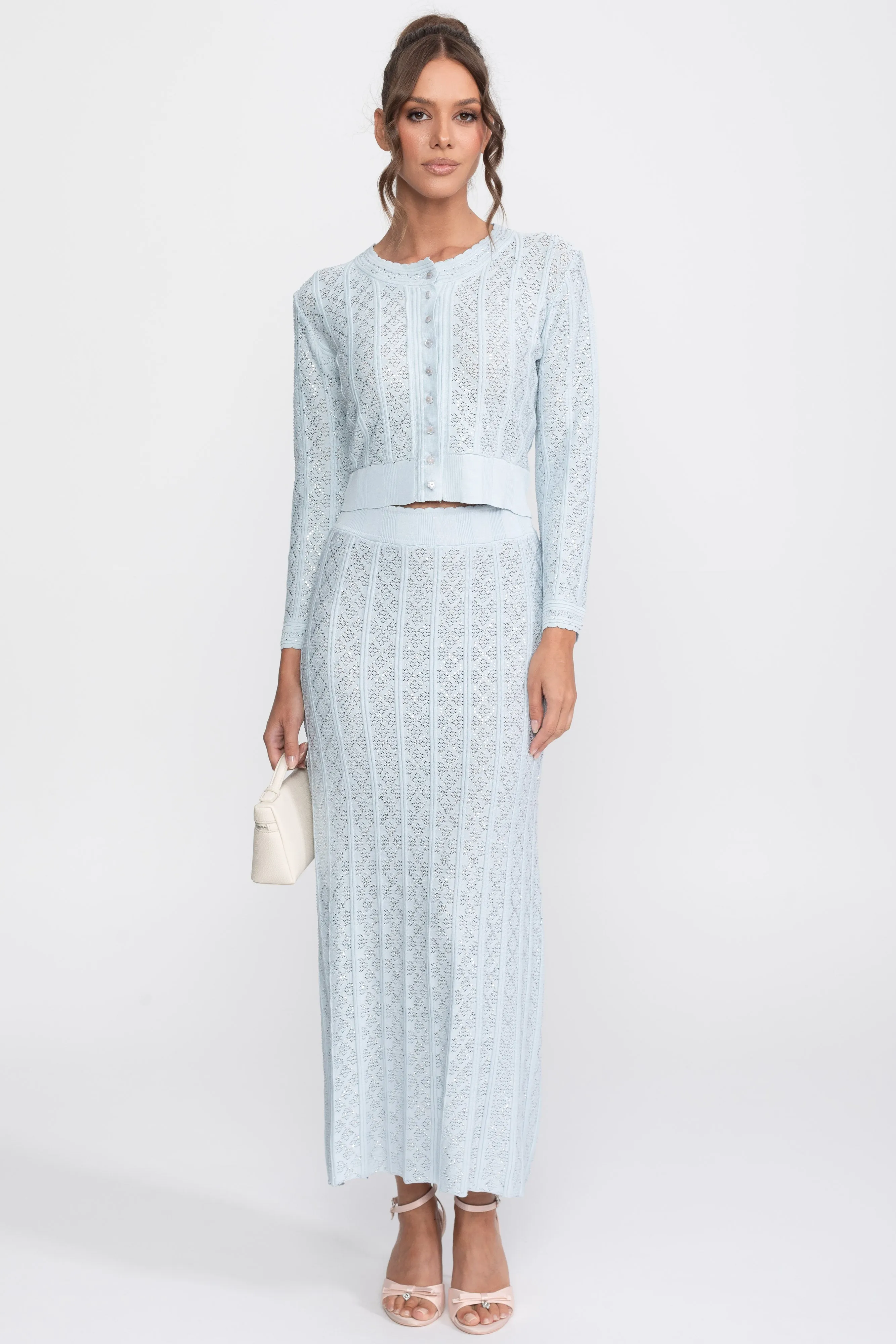 Eyelet Knit Co-Ord Set With Cardigan And Maxi Skirt - Light Blue sold by Sierra darien product image thumbnail 3