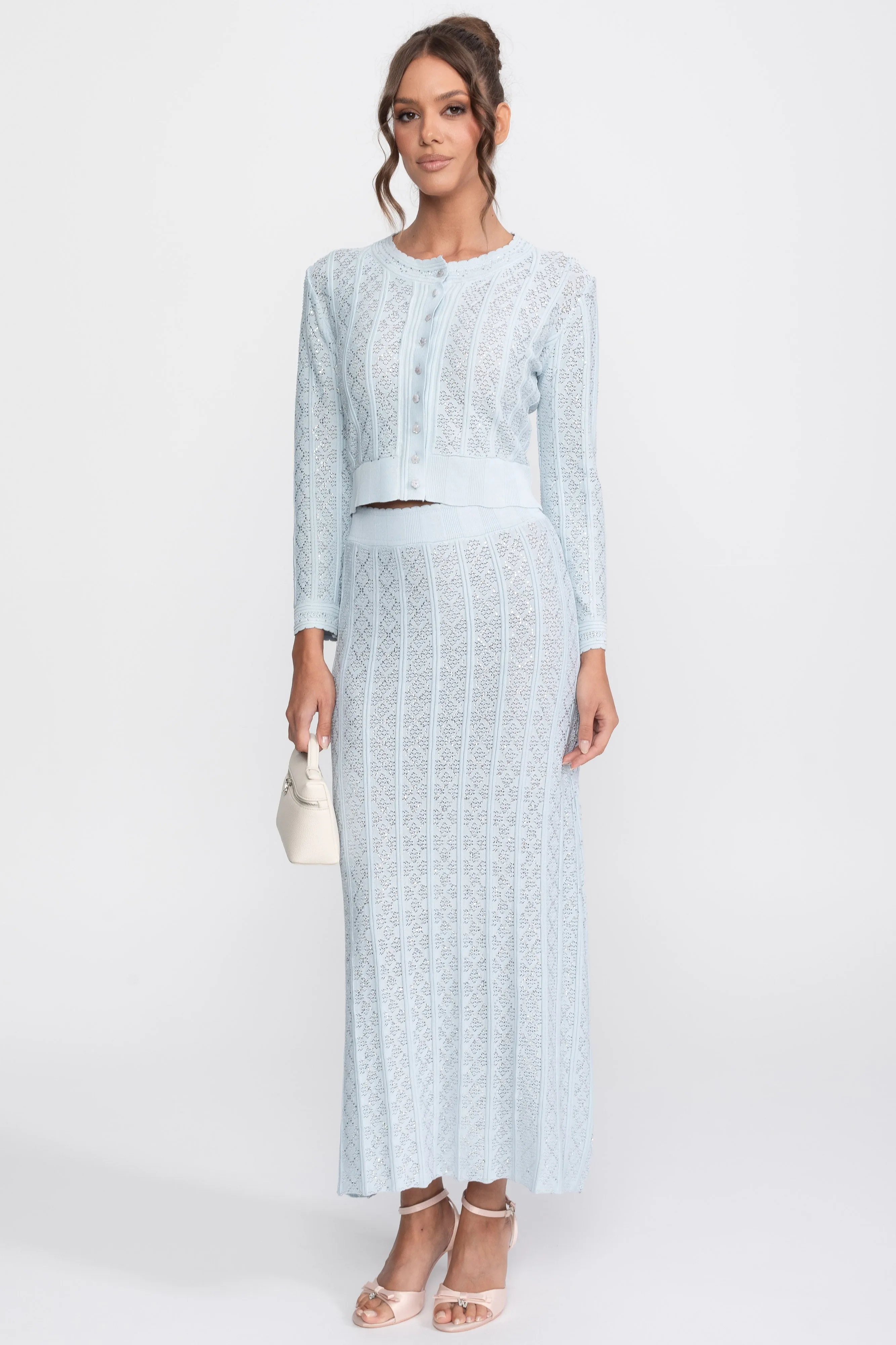 Eyelet Knit Co-Ord Set With Cardigan And Maxi Skirt - Light Blue sold by Sierra darien product image thumbnail 4