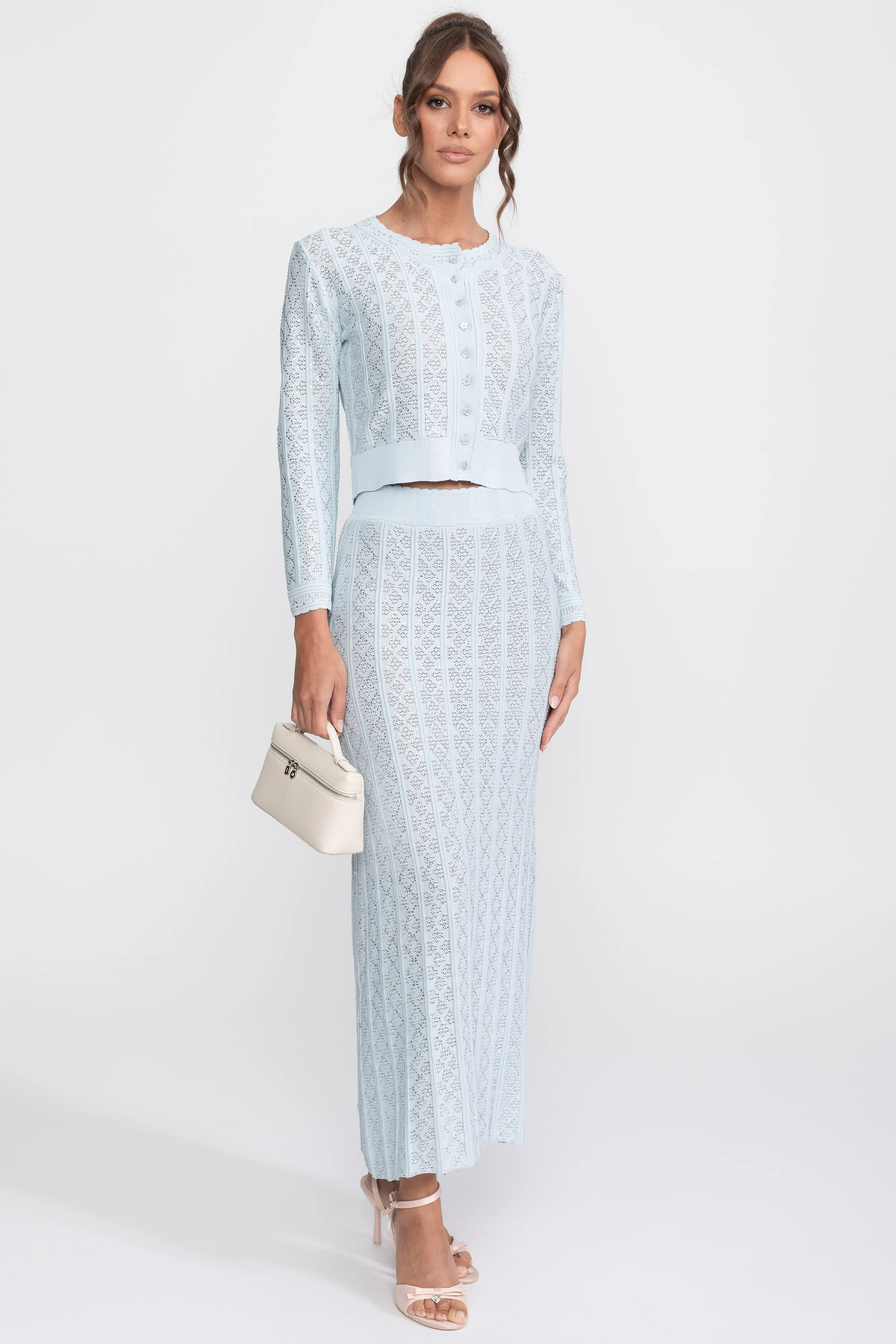 Eyelet Knit Co-Ord Set With Cardigan And Maxi Skirt - Light Blue sold by Sierra darien product image thumbnail 2