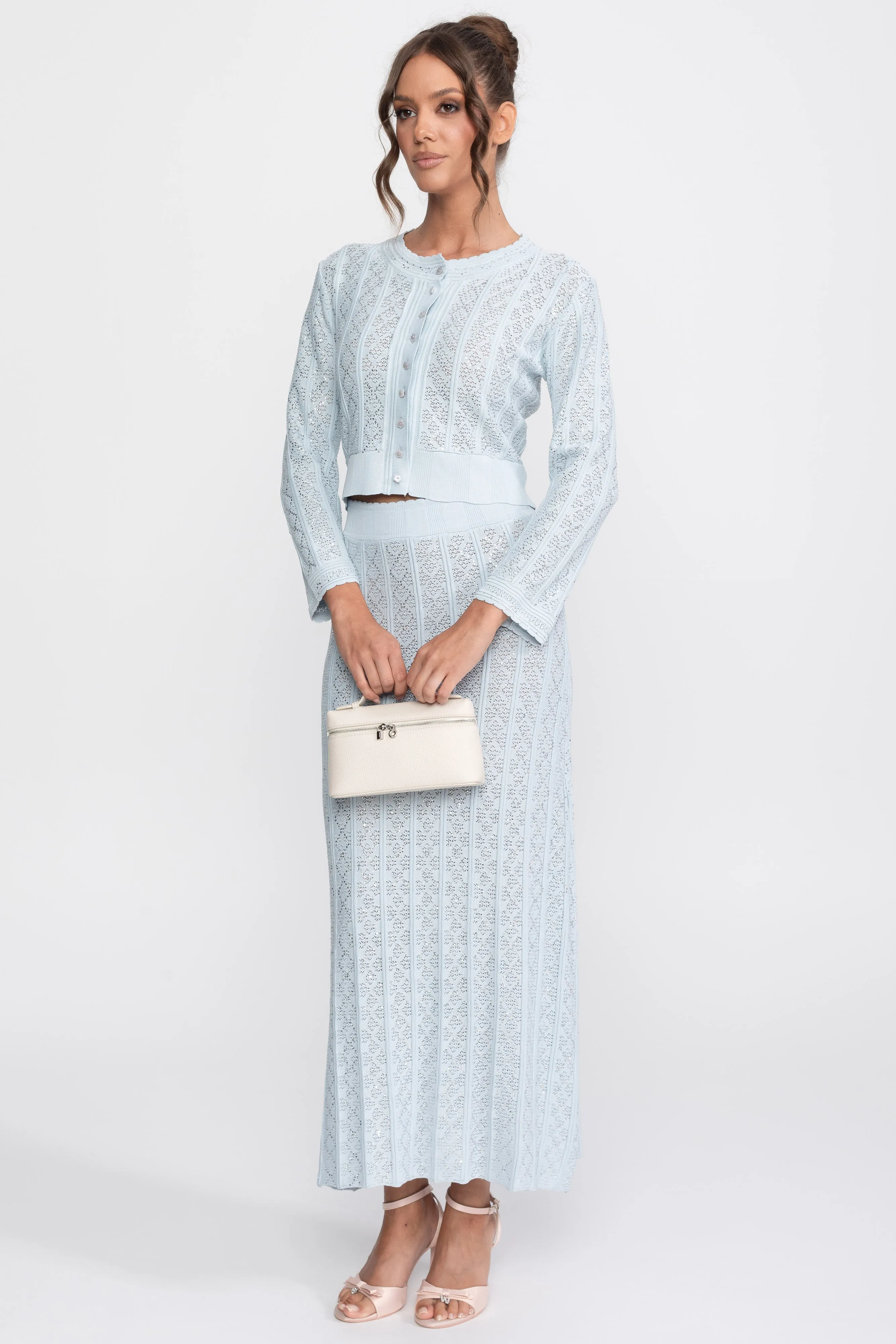Eyelet Knit Co-Ord Set With Cardigan And Maxi Skirt - Light Blue sold by Sierra darien product image thumbnail 5