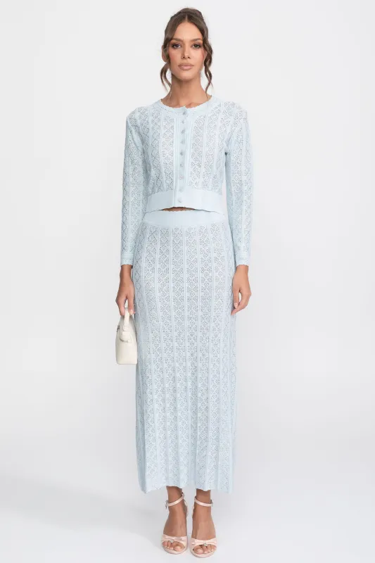 Eyelet Knit Co-Ord Set With Cardigan And Maxi Skirt - Light Blue made by Sierra darien