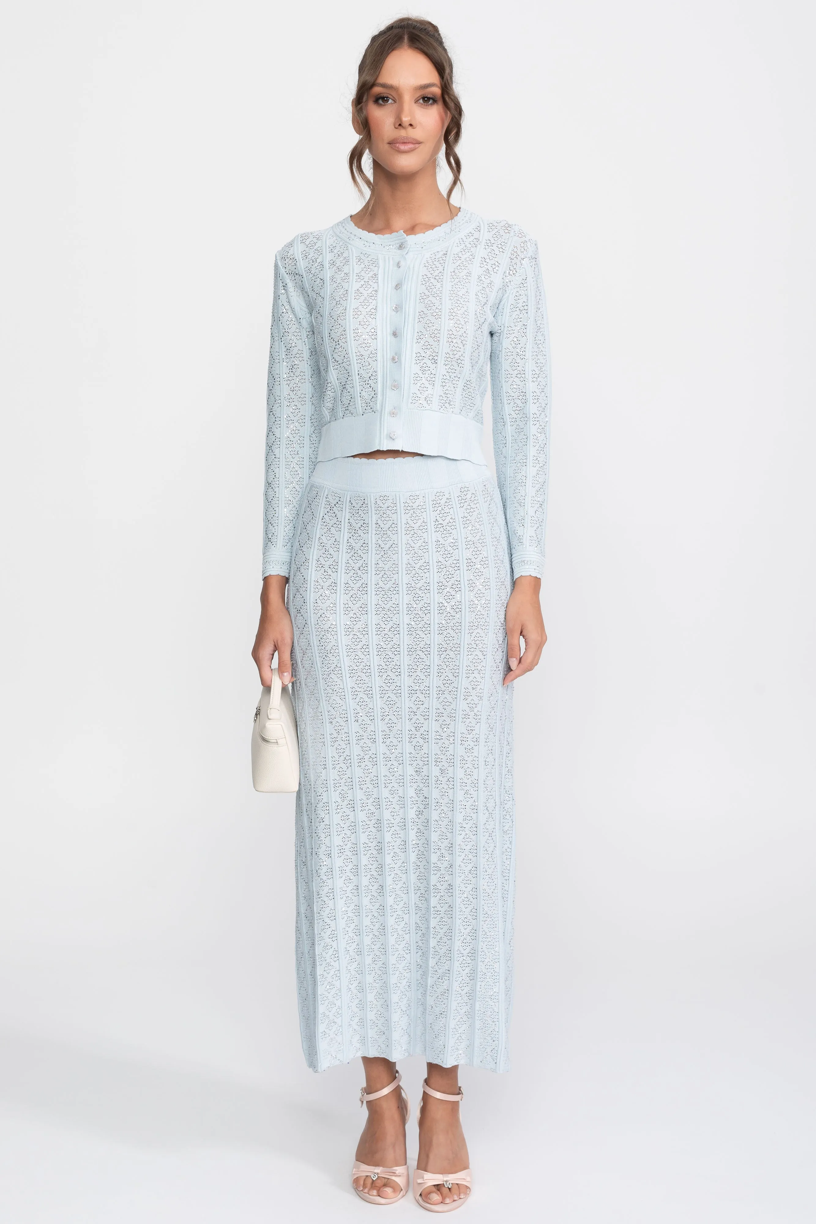 Eyelet Knit Co-Ord Set With Cardigan And Maxi Skirt - Light Blue sold by Sierra darien