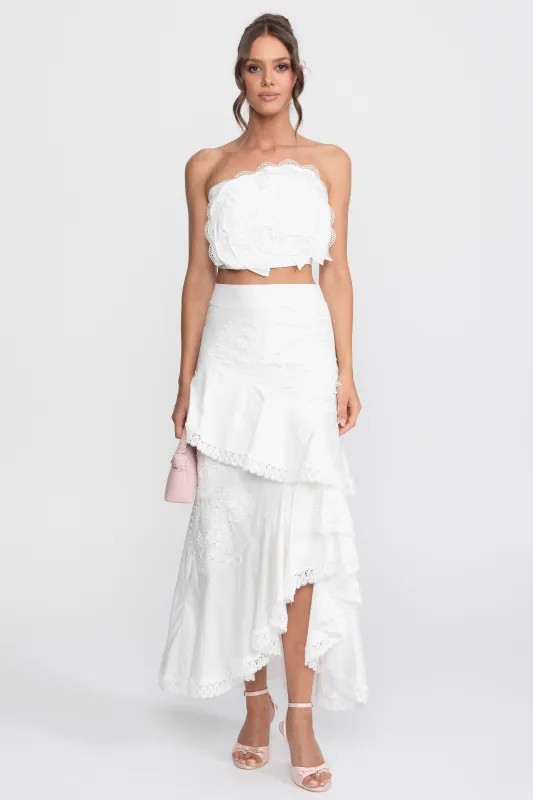 Crochet Medallion Two-Piece Set With Ruffled Maxi Skirt - White made by Sierra darien