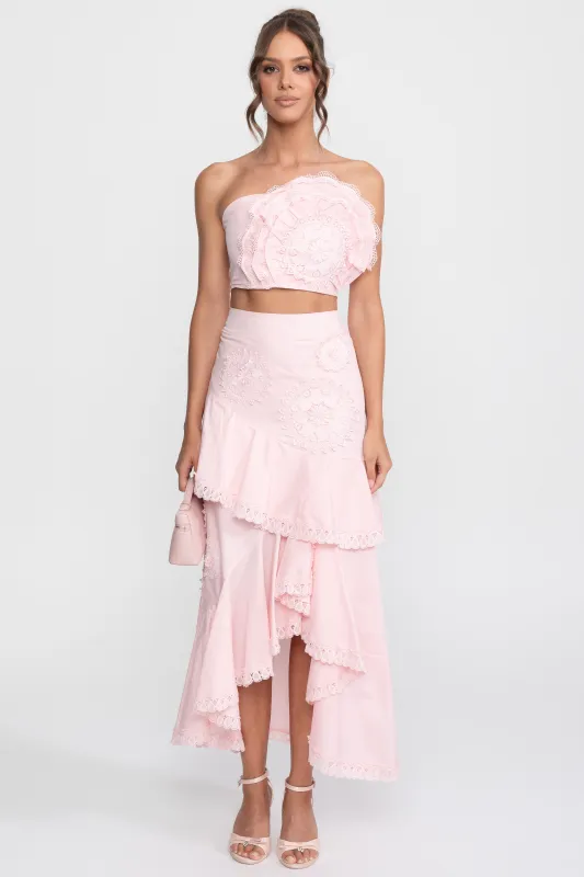 Crochet Medallion Two-Piece Set With Ruffled Maxi Skirt - Pink made by Sierra darien