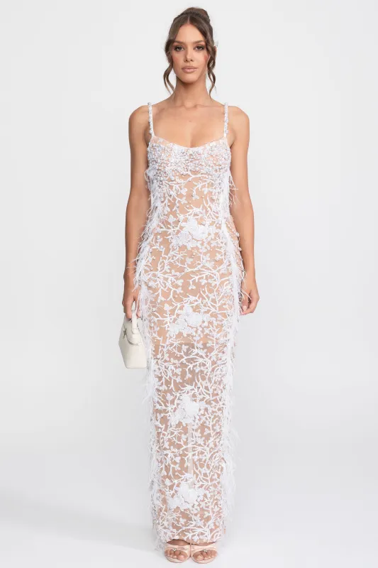 Feather Trim Beaded Lace Gown With Pearl Straps - White made by Sierra darien