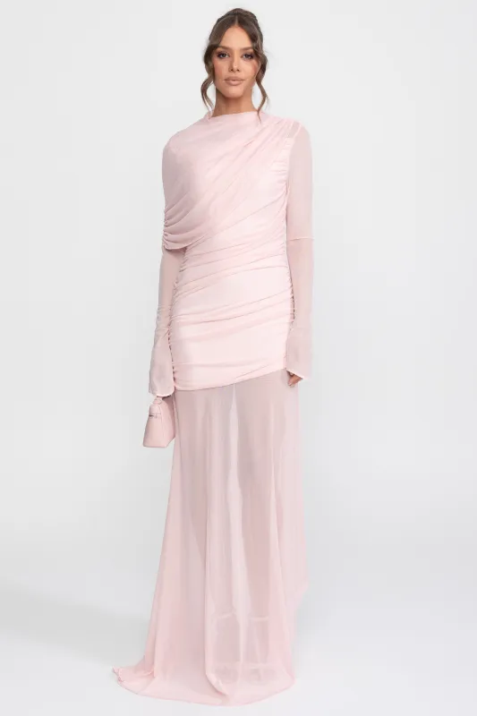 Draped Shoulder Maxi Dress With Sheer Skirt - Pink made by Sierra darien
