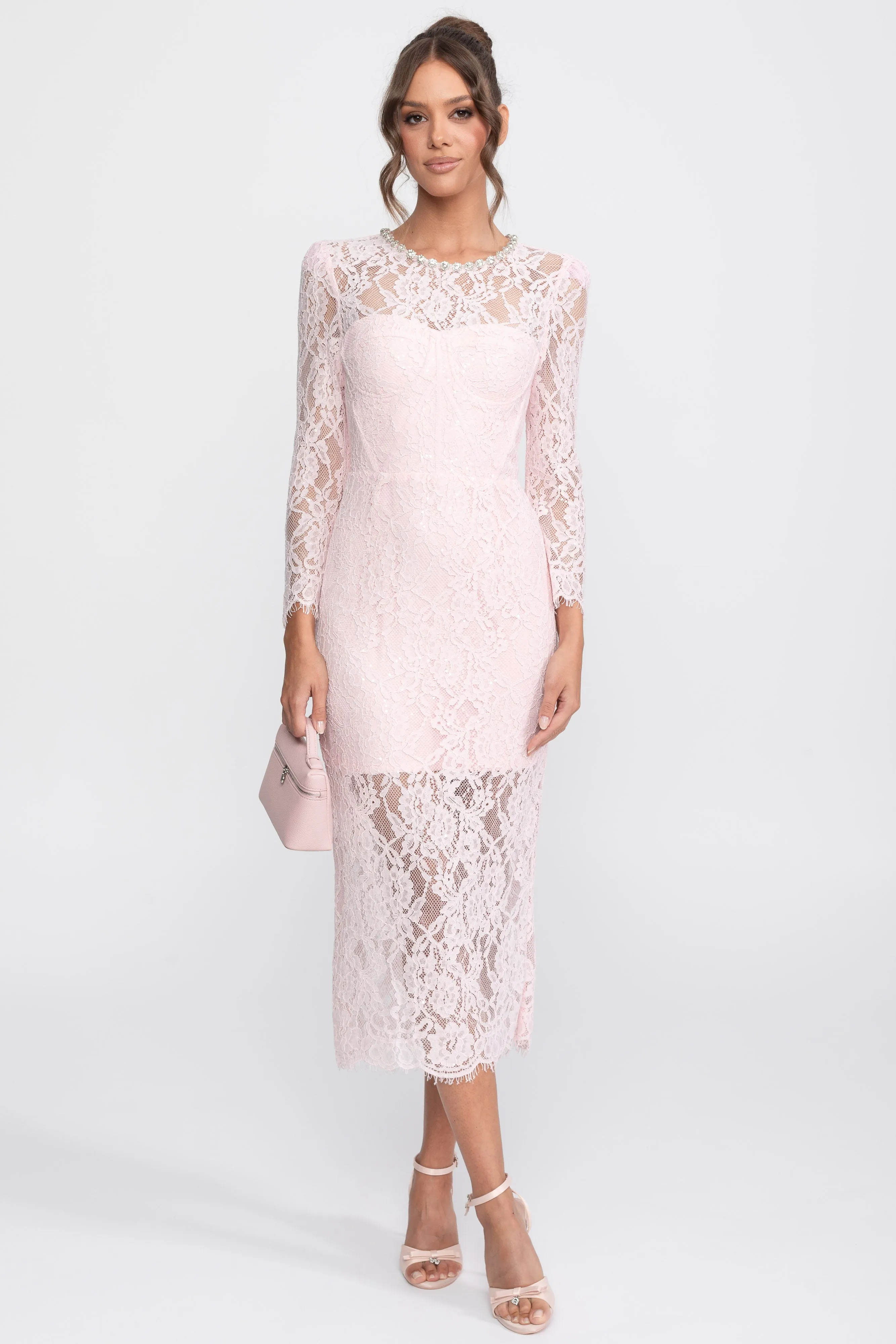 Lace Trim Midi Dress With Crystal Neckline And Matching Belt - Pink sold by Sierra darien product image thumbnail 3