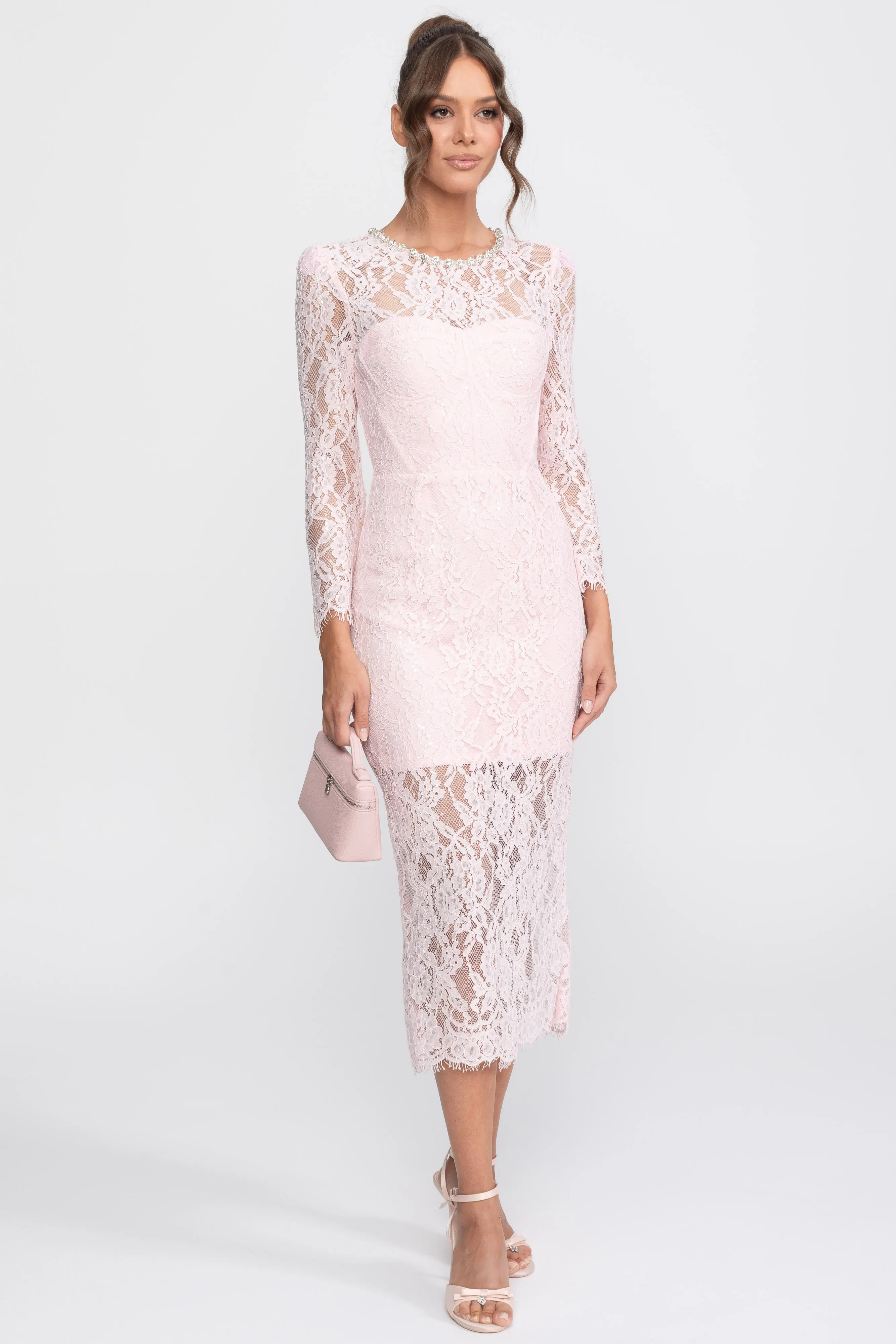 Lace Trim Midi Dress With Crystal Neckline And Matching Belt - Pink sold by Sierra darien product image thumbnail 4