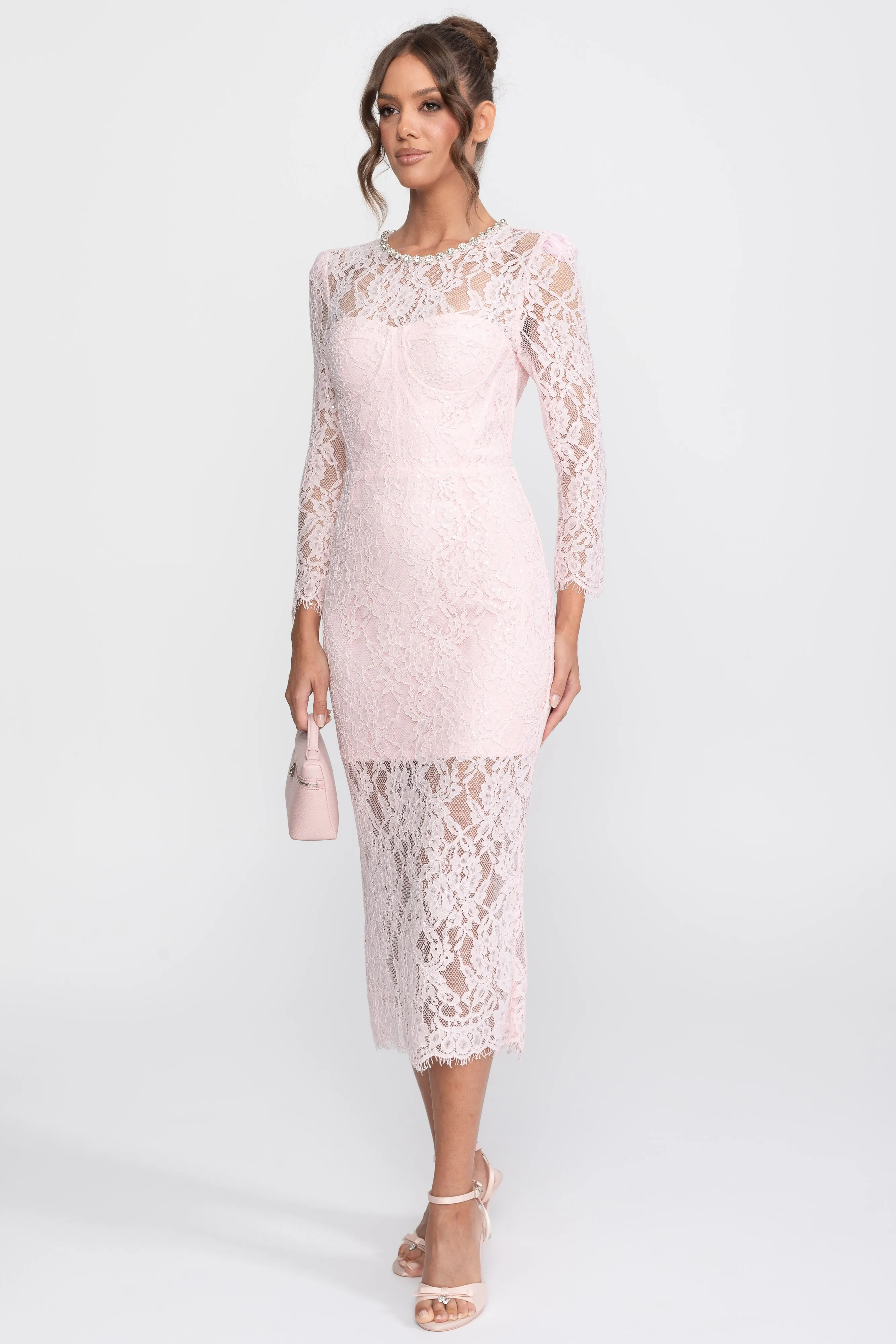 Lace Trim Midi Dress With Crystal Neckline And Matching Belt - Pink sold by Sierra darien product image thumbnail 5