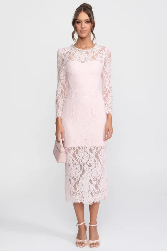 Lace Trim Midi Dress With Crystal Neckline And Matching Belt - Pink made by Sierra darien