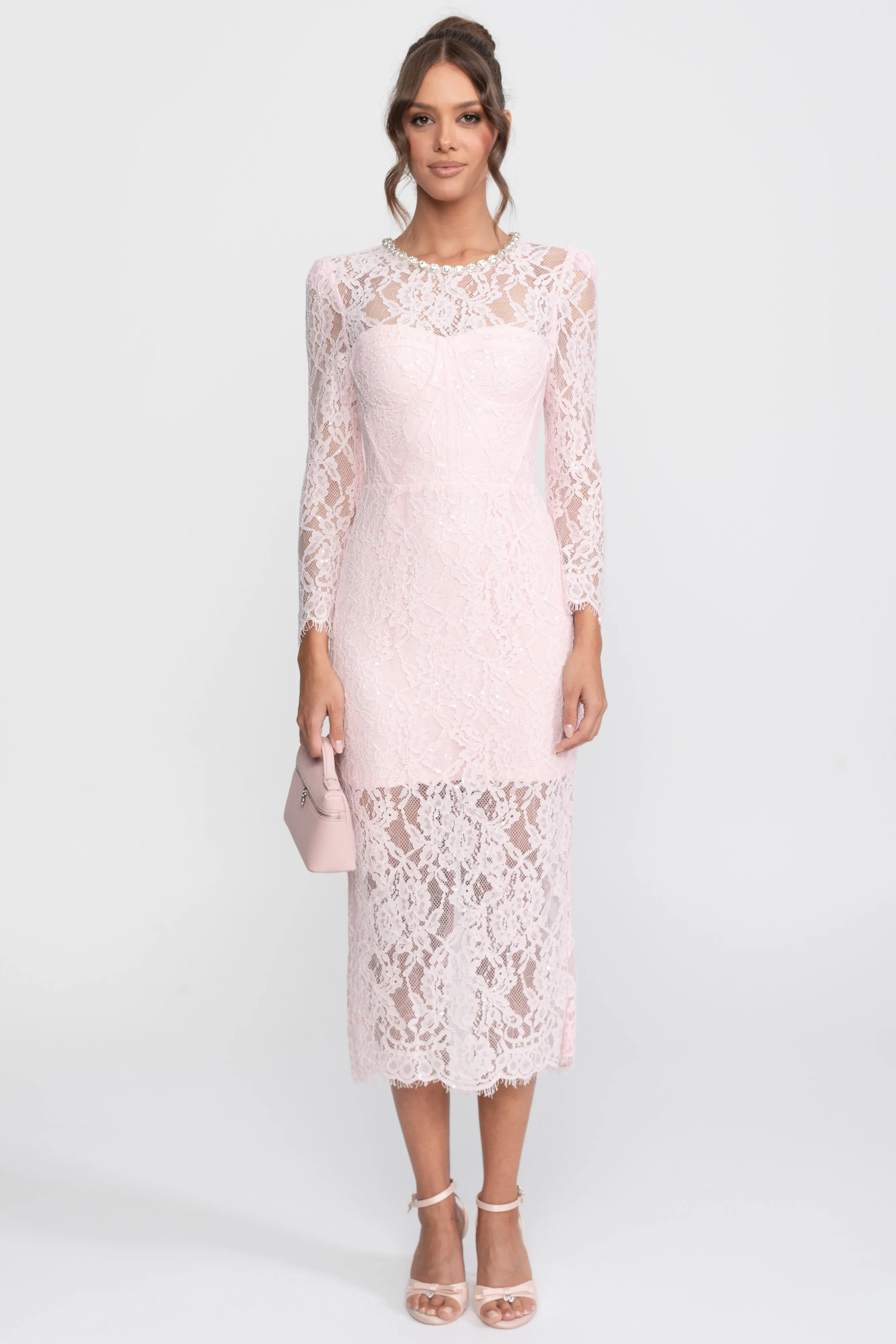 Lace Trim Midi Dress With Crystal Neckline And Matching Belt - Pink sold by Sierra darien