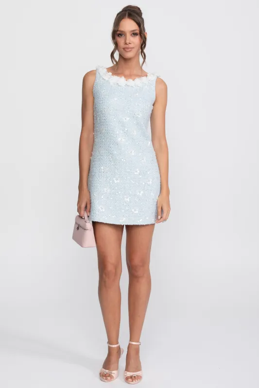 Ribbed Knit Mini Dress With Floral collar - Light Blue made by Sierra darien