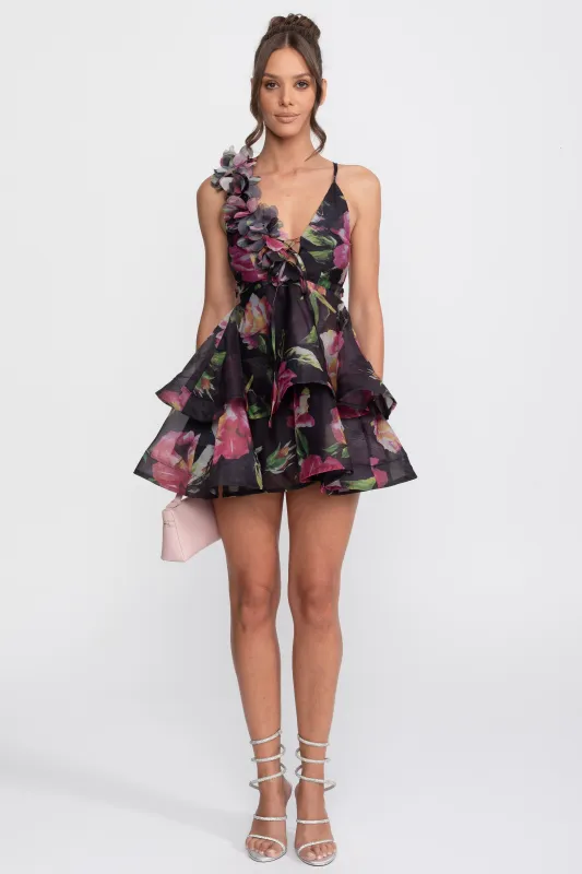 Floral Print Tiered Mini Dress With Ruffled Shoulder Strap - Black made by Sierra darien