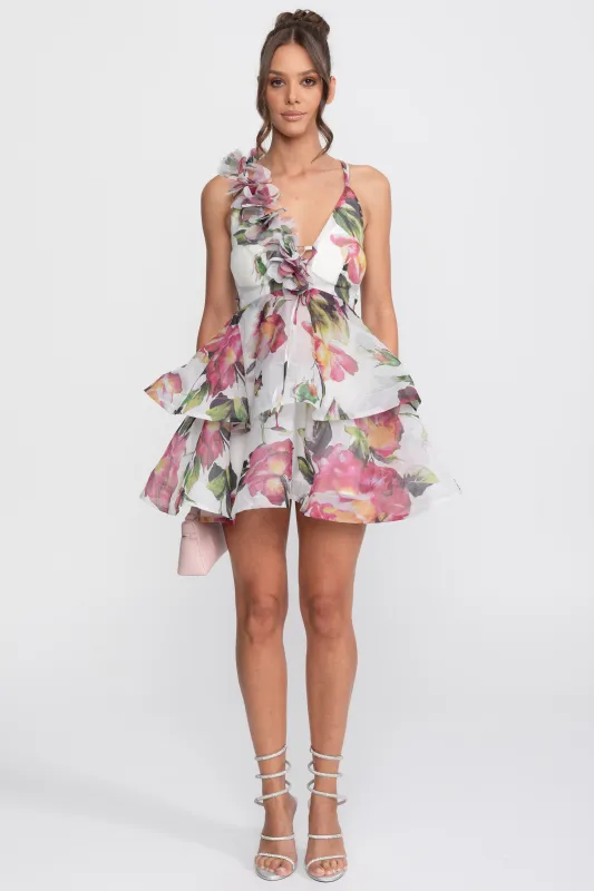 Floral Print Tiered Mini Dress With Ruffled Shoulder Strap - White made by Sierra darien