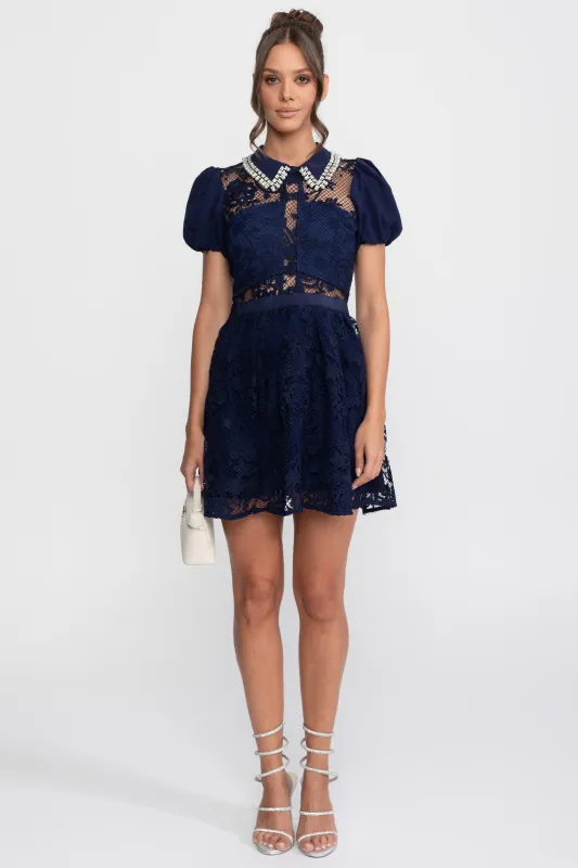 Puff Sleeves Lace Mini Dress With Pearl Collar - Navy made by Sierra darien