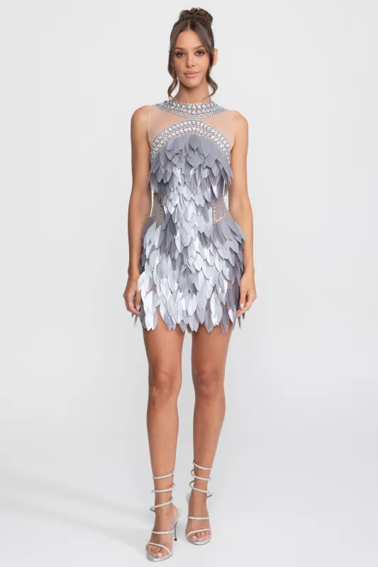 Sleeveless Sheer Mesh Feather-Panel Mini Dress With Crystals - Gray made by Sierra darien