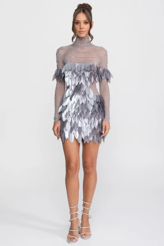 Sheer Mesh Feather-Panel Mini Dress With Crystal Neckline - Gray made by Sierra darien