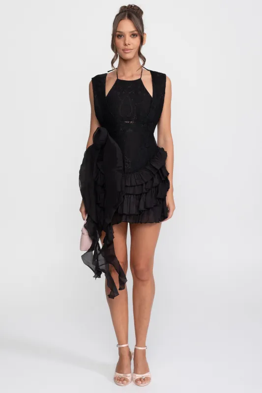Lace Halter Rosette Mini Dress With Ruffle Skirt - Black made by Sierra darien