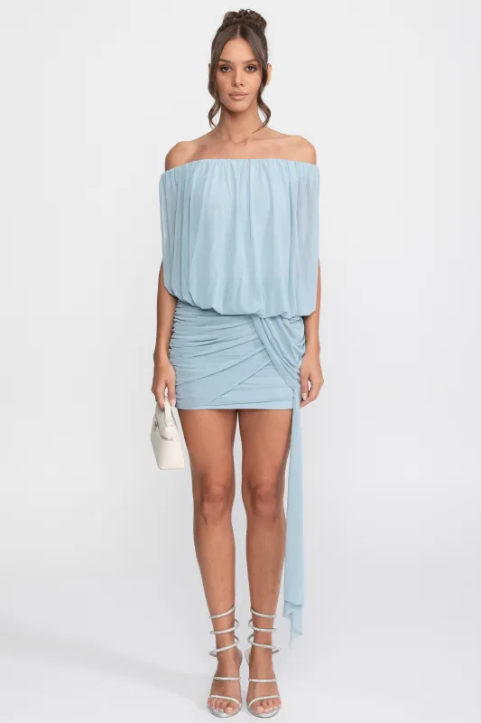 Off-Shoulder Ruched Wrap Mini Dress With Tie Waist - Light Blue made by Sierra darien