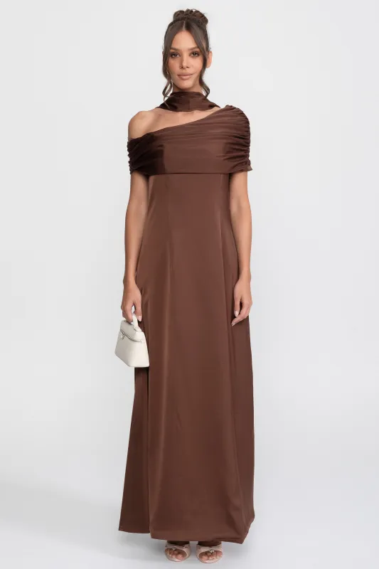 One-Shoulder Draped Satin Gown With Ruched Wrap - Brown made by Sierra darien
