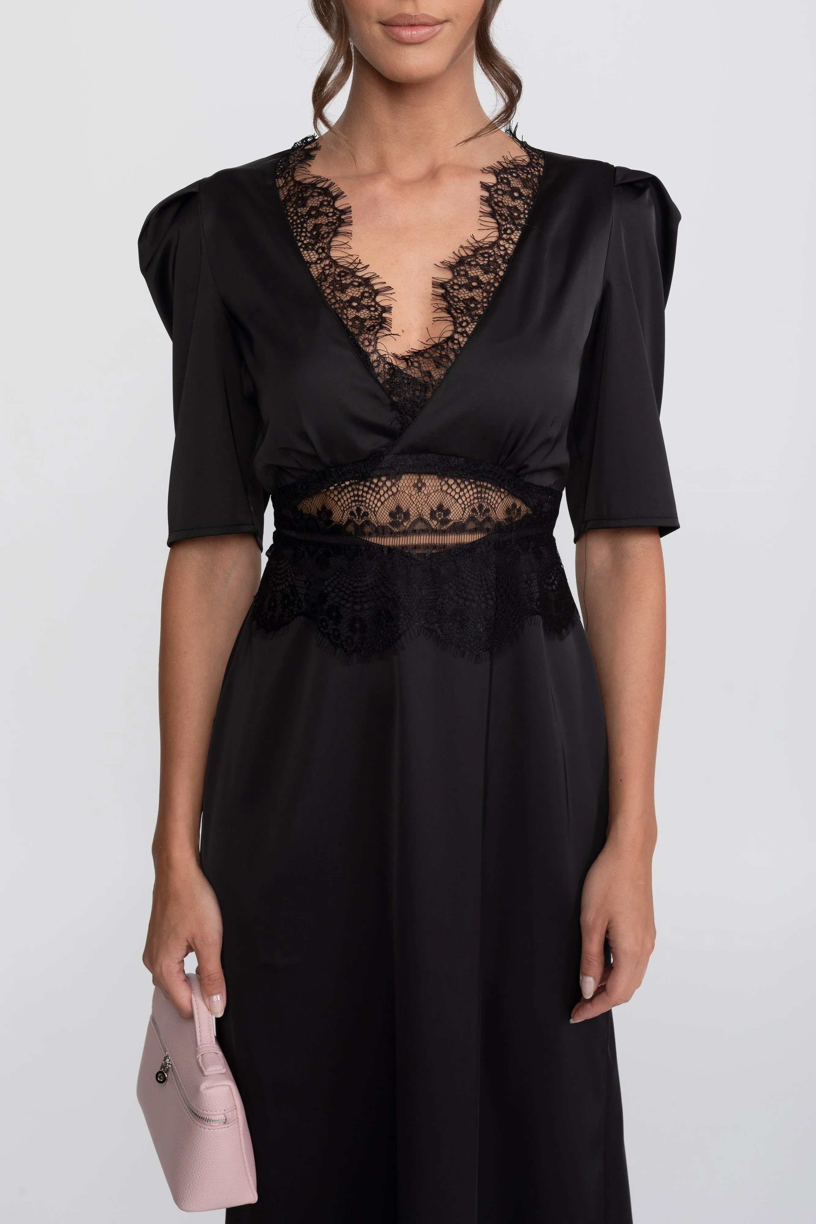 Lace-Trim Polka Dot Midi Dress With Puff Sleeves - Black sold by Sierra darien product image thumbnail 5