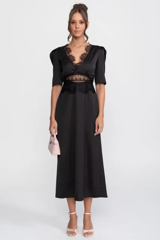 Lace-Trim Polka Dot Midi Dress With Puff Sleeves - Black made by Sierra darien