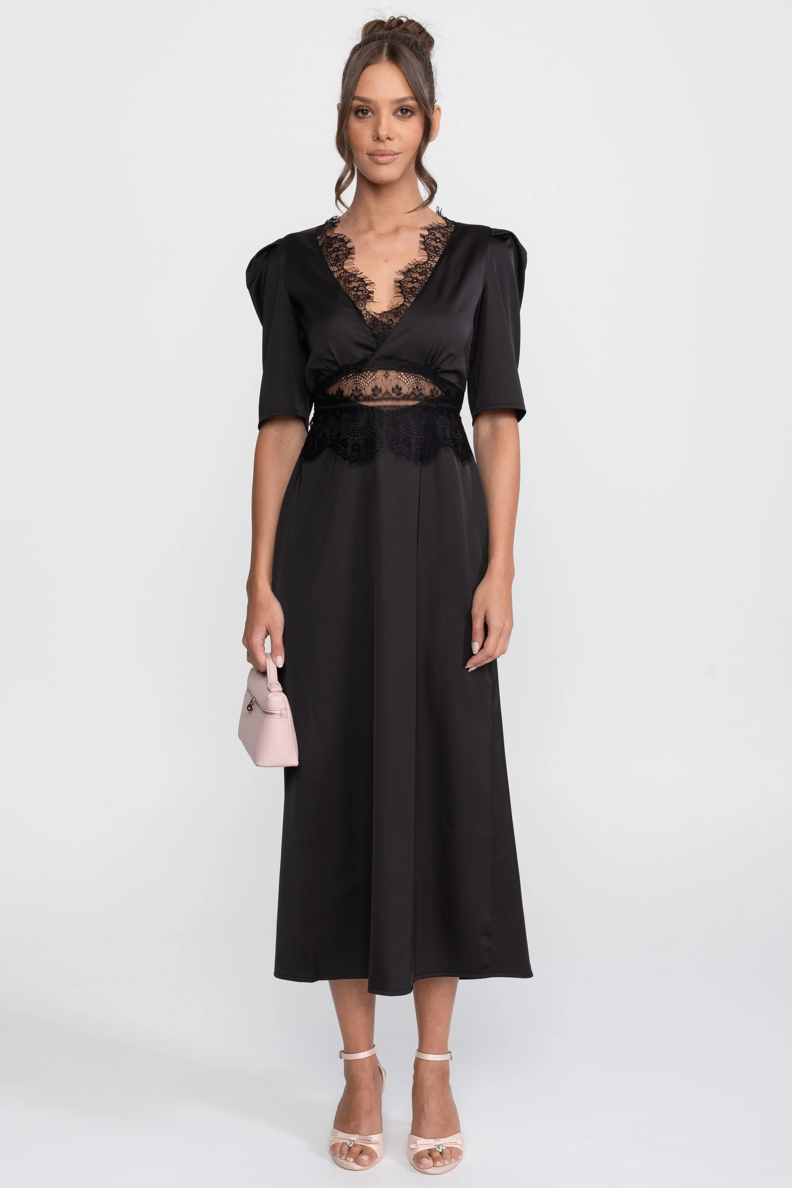 Lace-Trim Polka Dot Midi Dress With Puff Sleeves - Black sold by Sierra darien