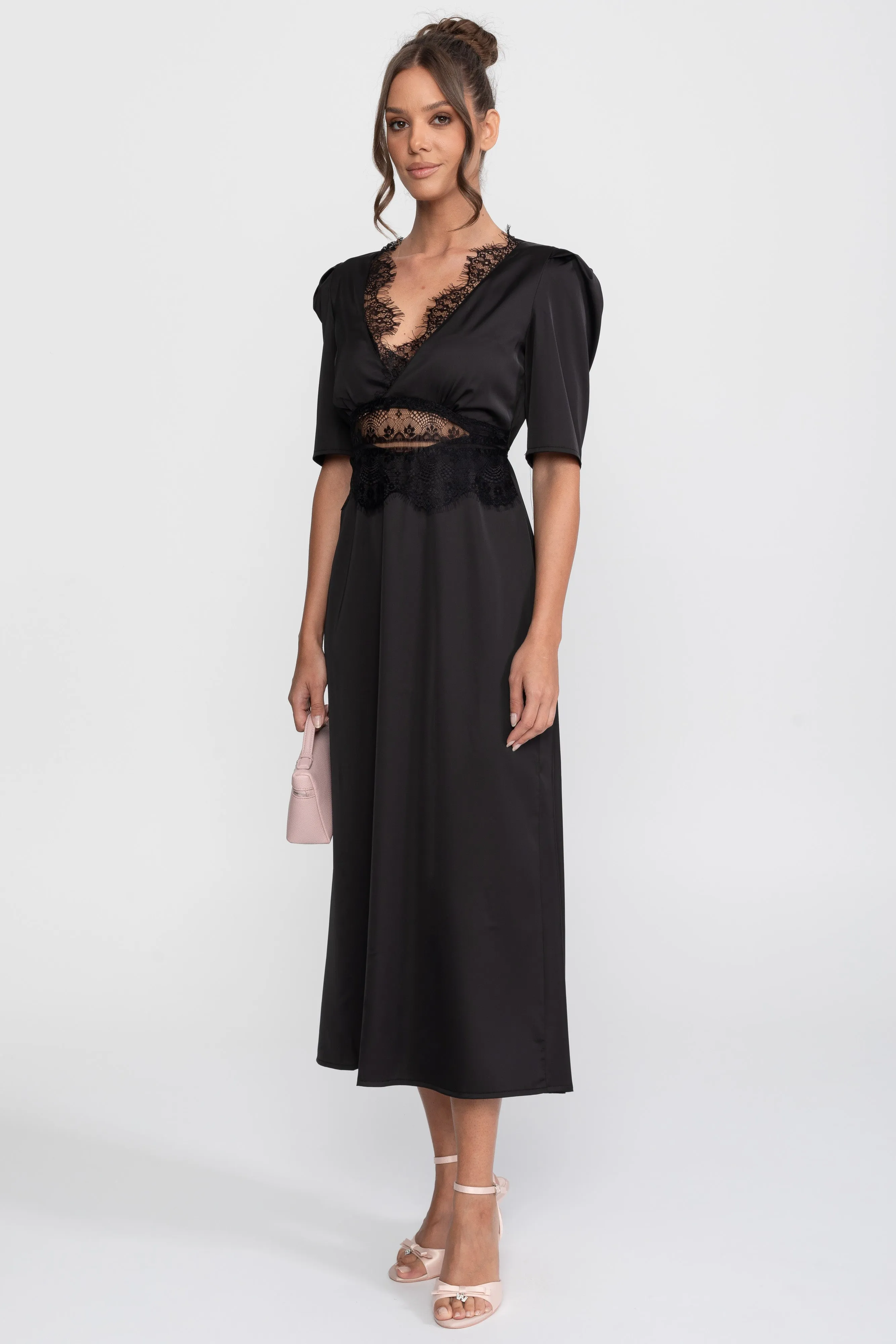 Lace-Trim Polka Dot Midi Dress With Puff Sleeves - Black sold by Sierra darien product image thumbnail 3