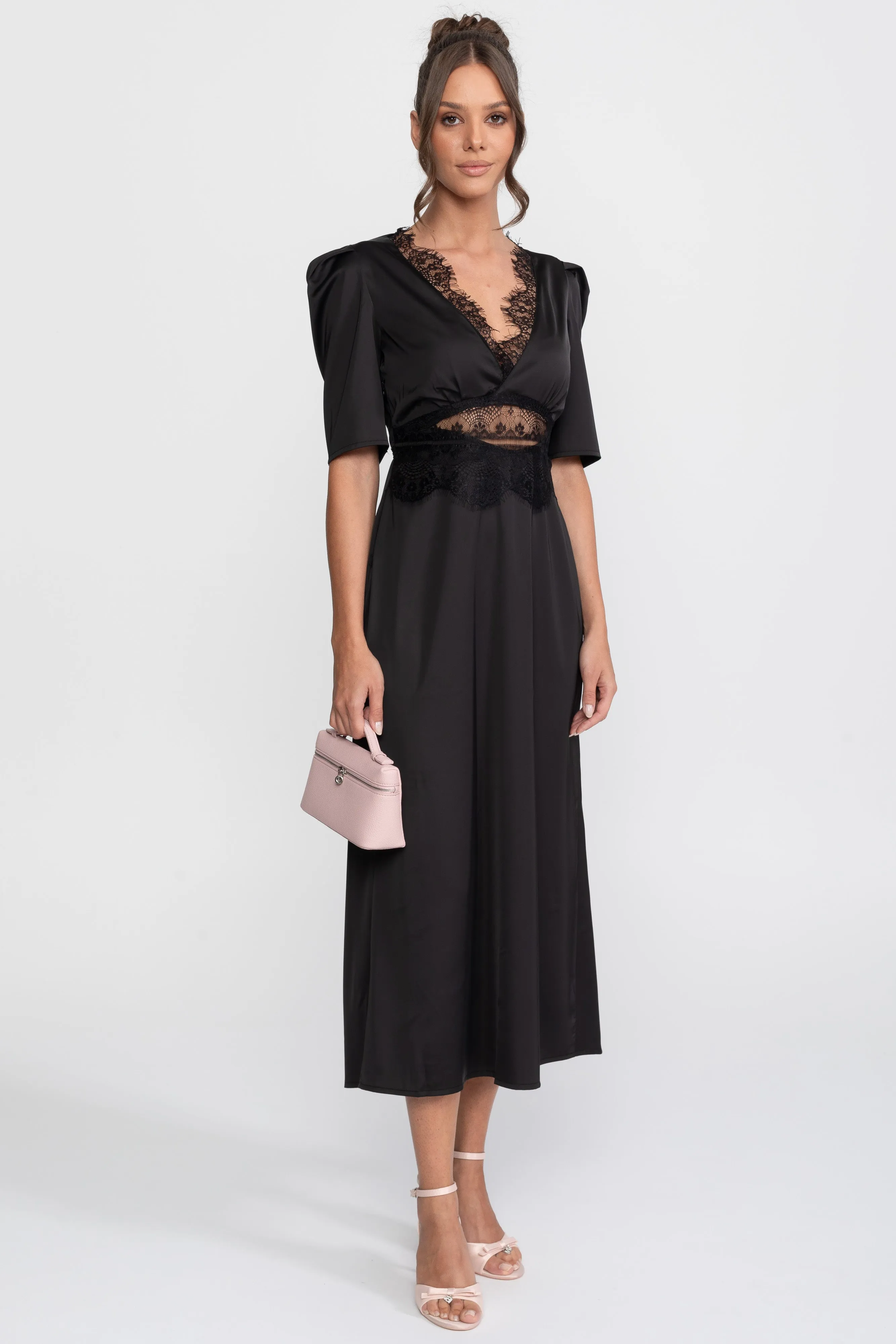 Lace-Trim Polka Dot Midi Dress With Puff Sleeves - Black sold by Sierra darien product image thumbnail 2