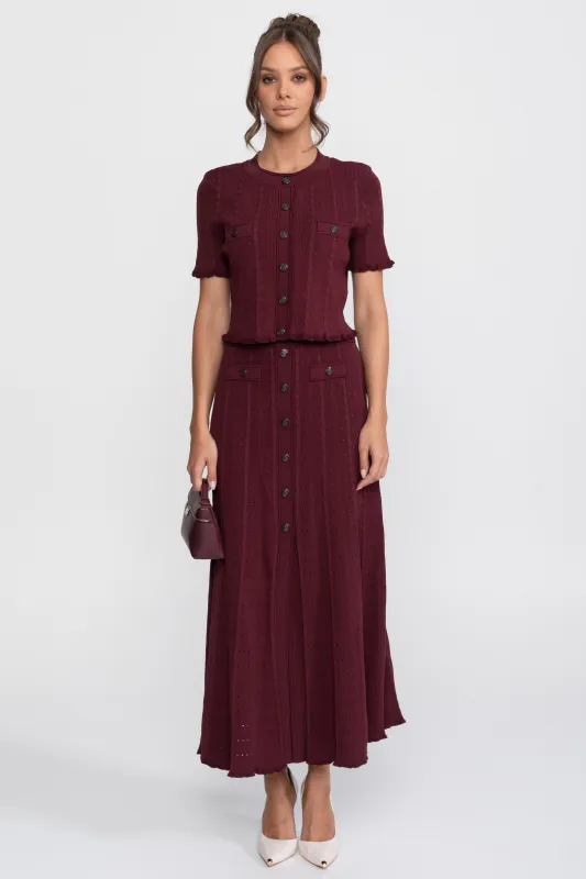 Ribbed Knit Co-Ord Set With Buttoned Front Cardigan And Matching Maxi Skirt - Burgundy made by Sierra darien