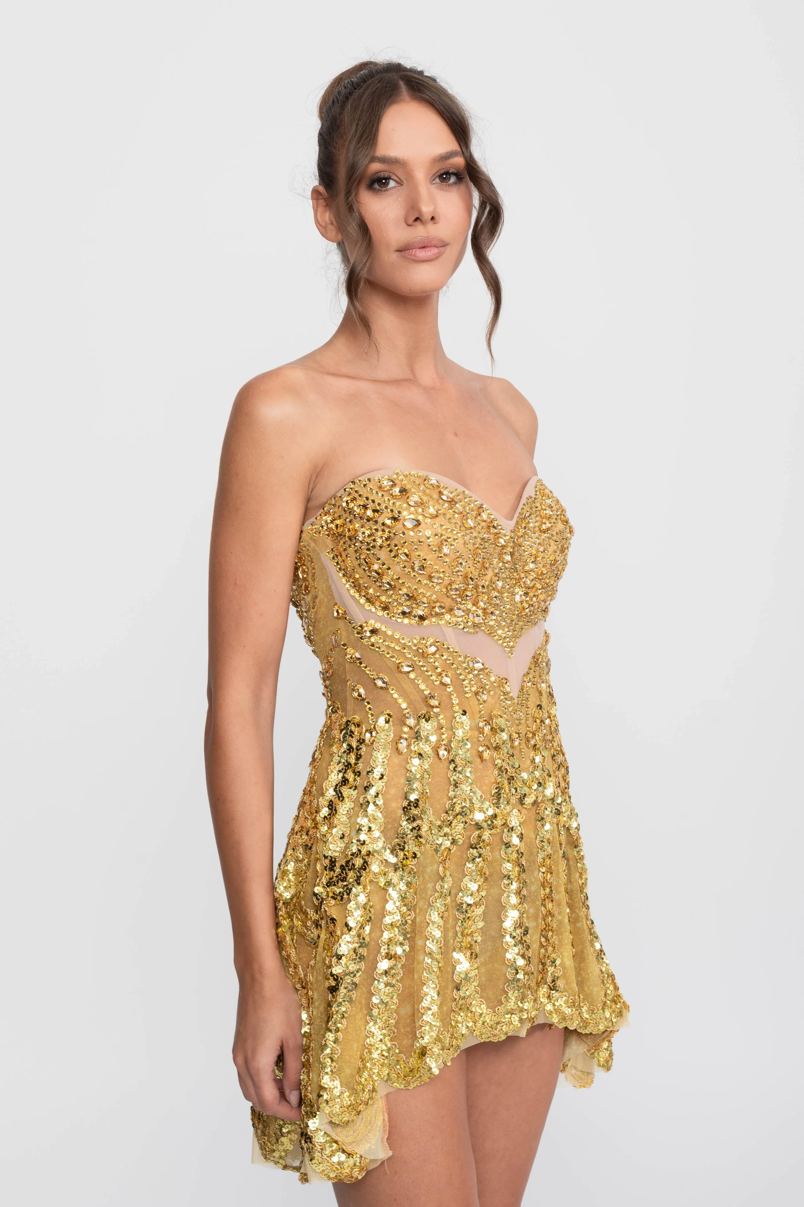 Jeweled Fit-and-Flare Mini Dress With Sweetheart Neckline - Gold sold by Sierra darien product image thumbnail 5