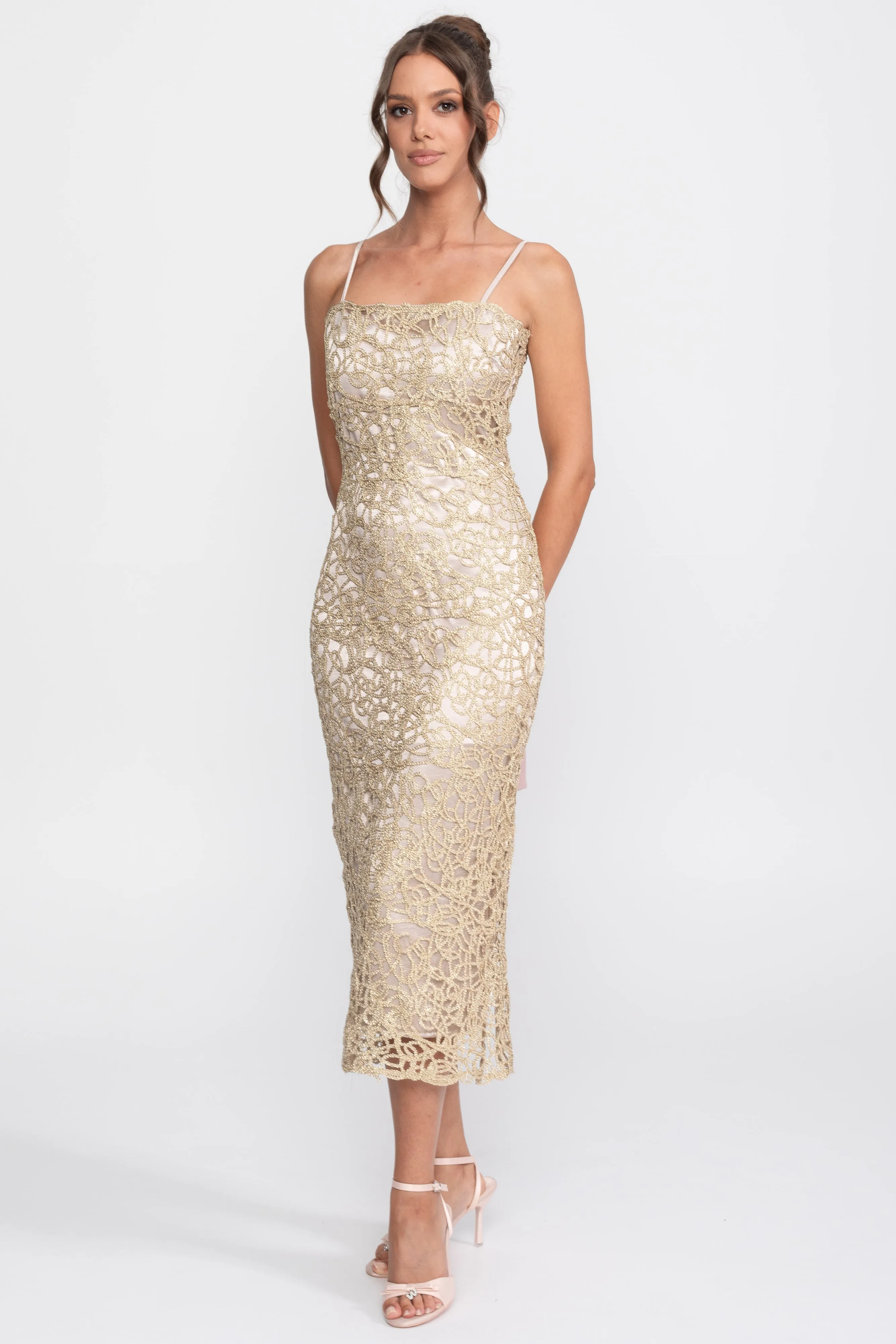 Metallic Lace Sheath Dress With Square Neck - Gold sold by Sierra darien product image thumbnail 3
