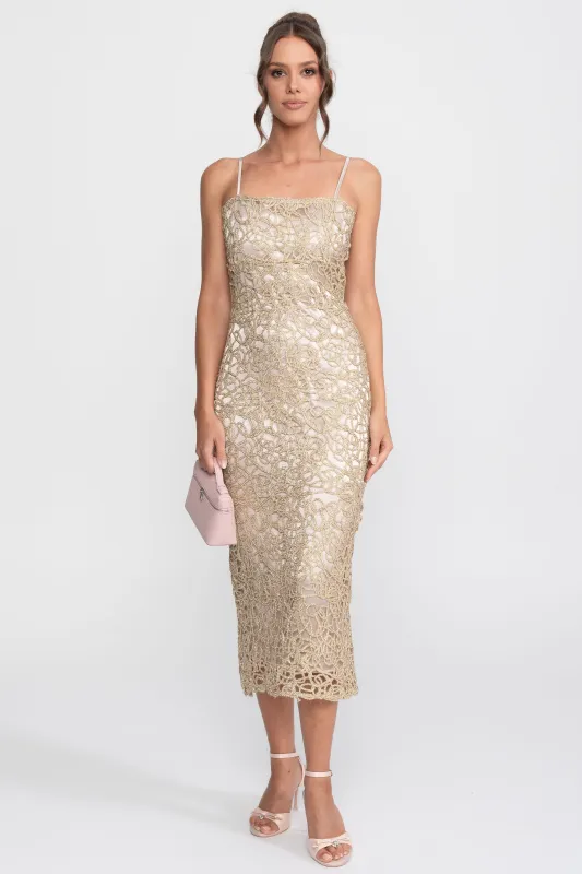 Metallic Lace Sheath Dress With Square Neck - Gold made by Sierra darien