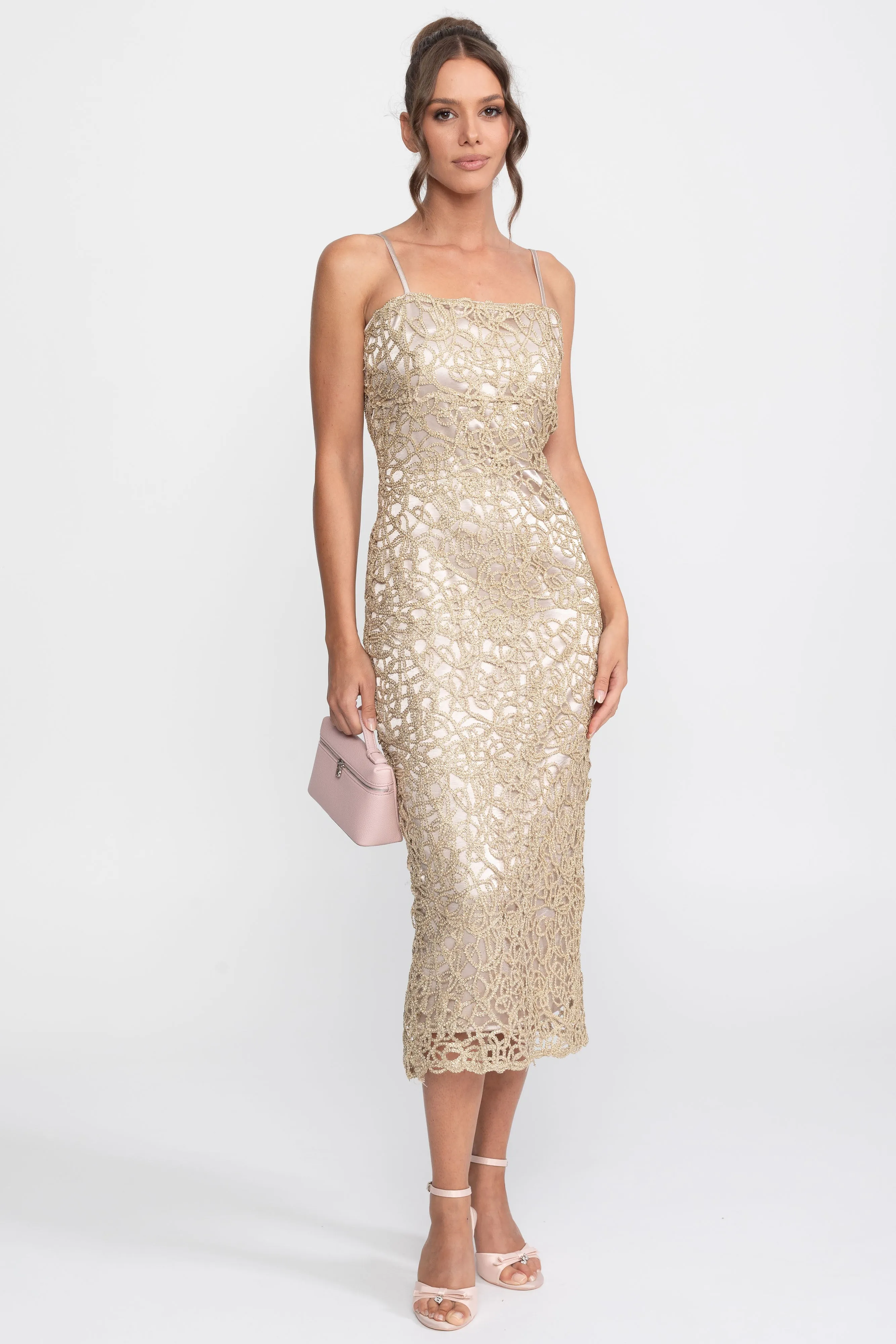 Metallic Lace Sheath Dress With Square Neck - Gold sold by Sierra darien product image thumbnail 2