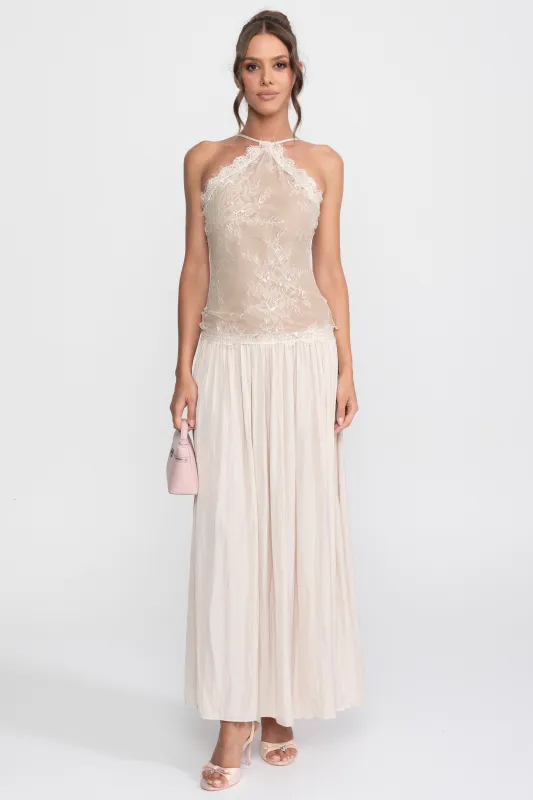 Lace Halter Sleeveless Maxi Dress With Pleated Skirt - Cream made by Sierra darien