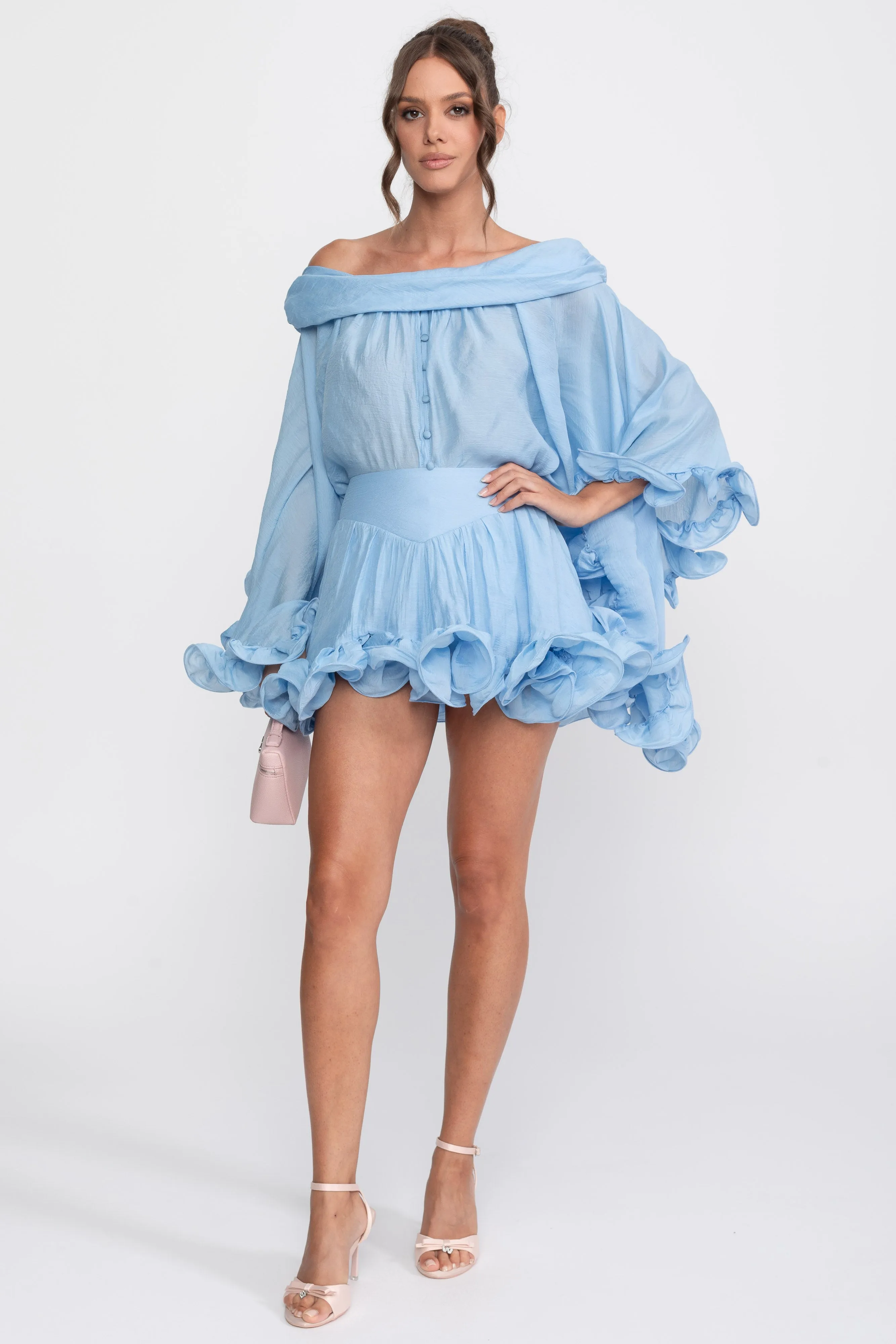 Off-Shoulder Ruffle Hem Co-Ord With Long Sleeves Shirt and Mini Skort - Light Blue sold by Sierra darien product image thumbnail 5