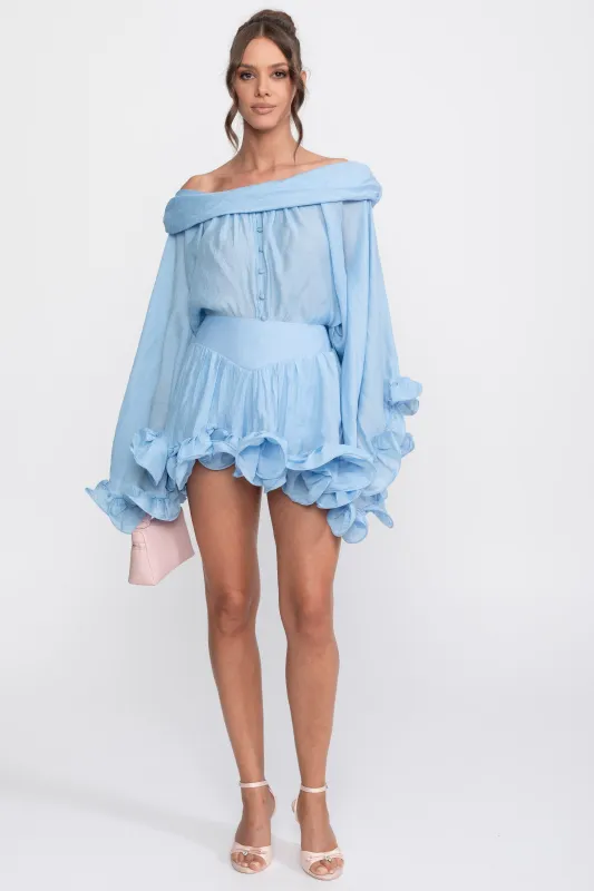 Off-Shoulder Ruffle Hem Co-Ord With Long Sleeves Shirt and Mini Skort - Light Blue made by Sierra darien