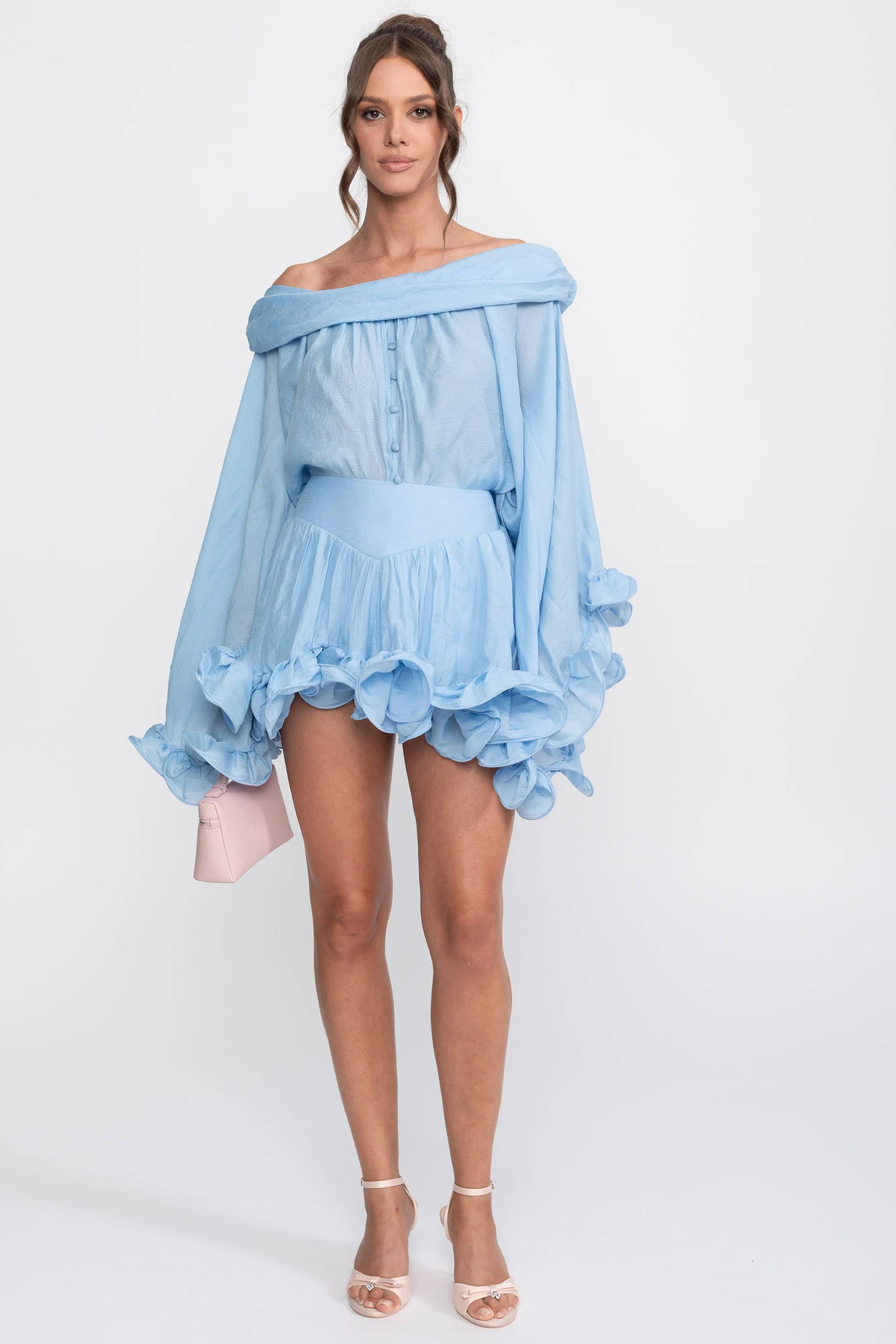 Off-Shoulder Ruffle Hem Co-Ord With Long Sleeves Shirt and Mini Skort - Light Blue sold by Sierra darien