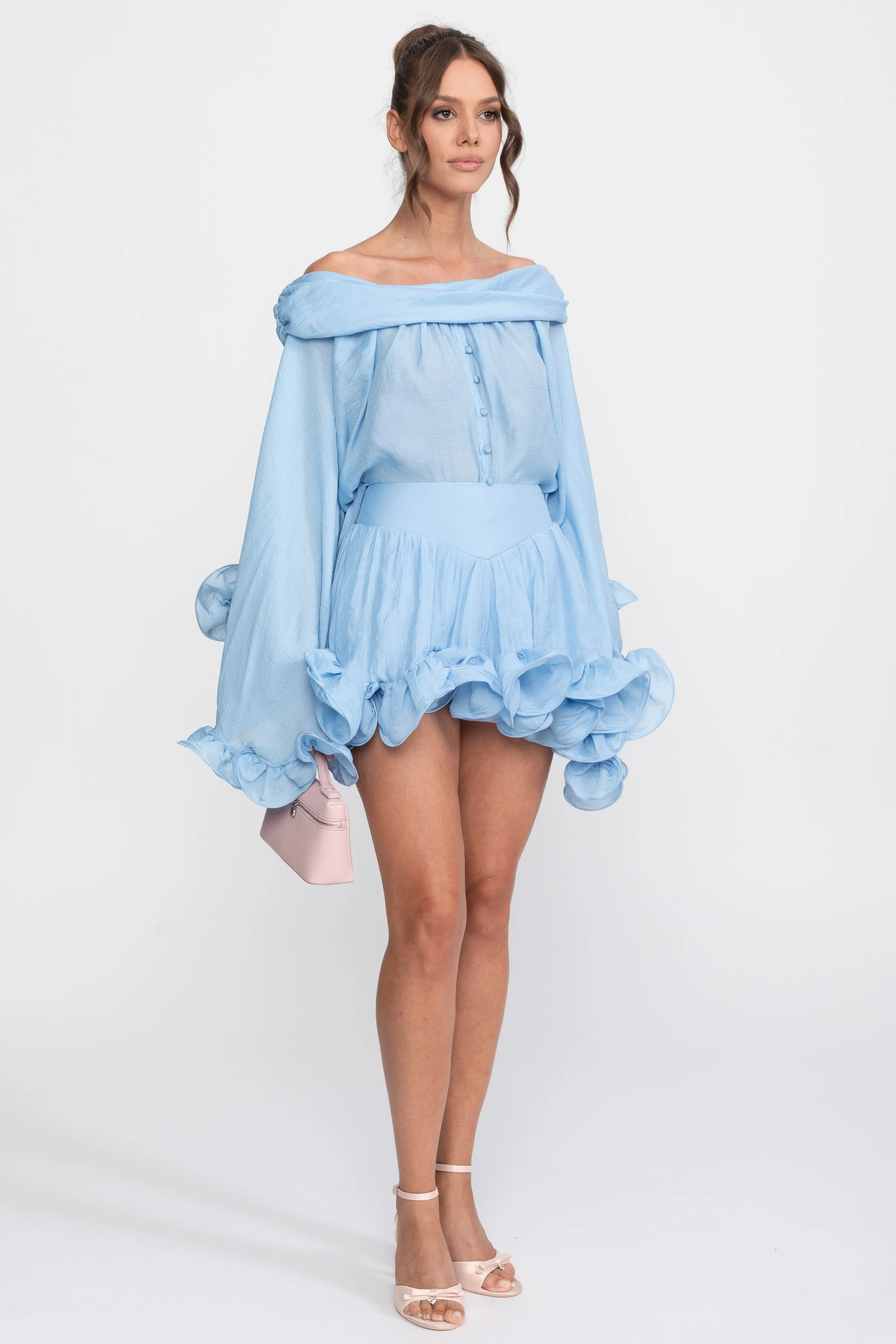 Off-Shoulder Ruffle Hem Co-Ord With Long Sleeves Shirt and Mini Skort - Light Blue sold by Sierra darien product image thumbnail 2