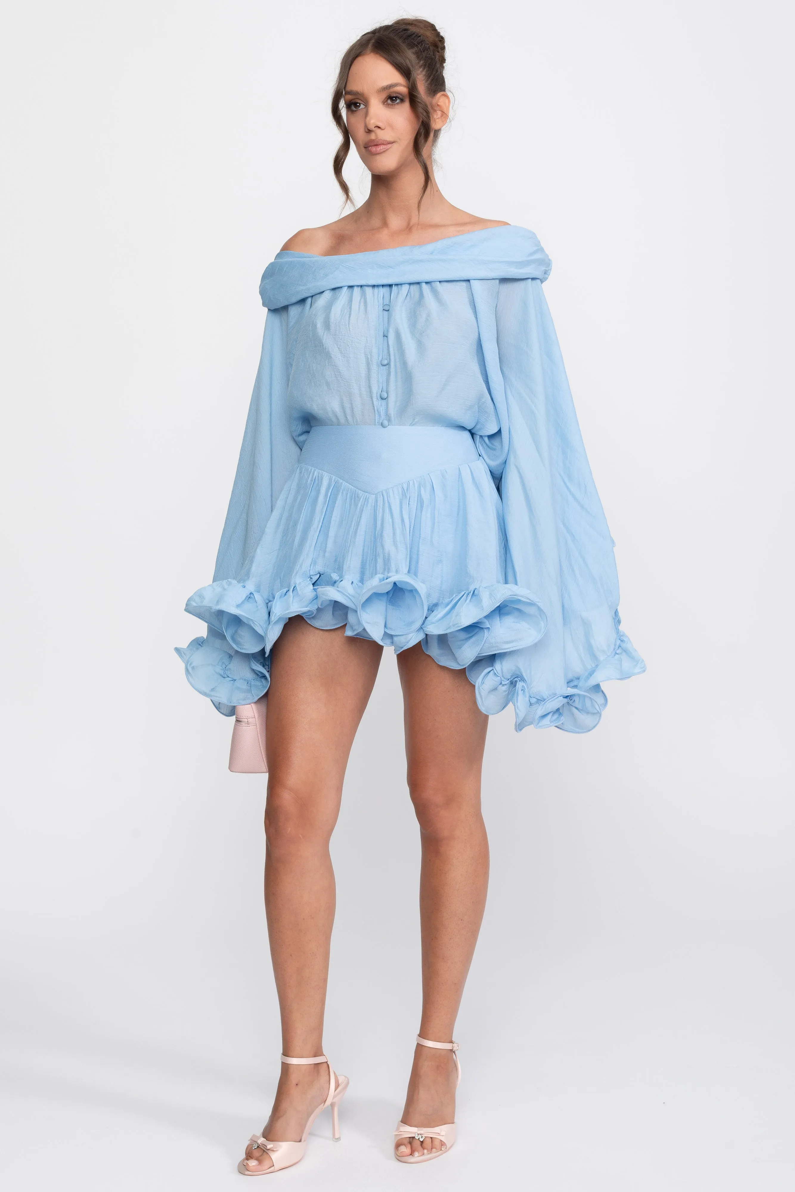 Off-Shoulder Ruffle Hem Co-Ord With Long Sleeves Shirt and Mini Skort - Light Blue sold by Sierra darien product image thumbnail 4