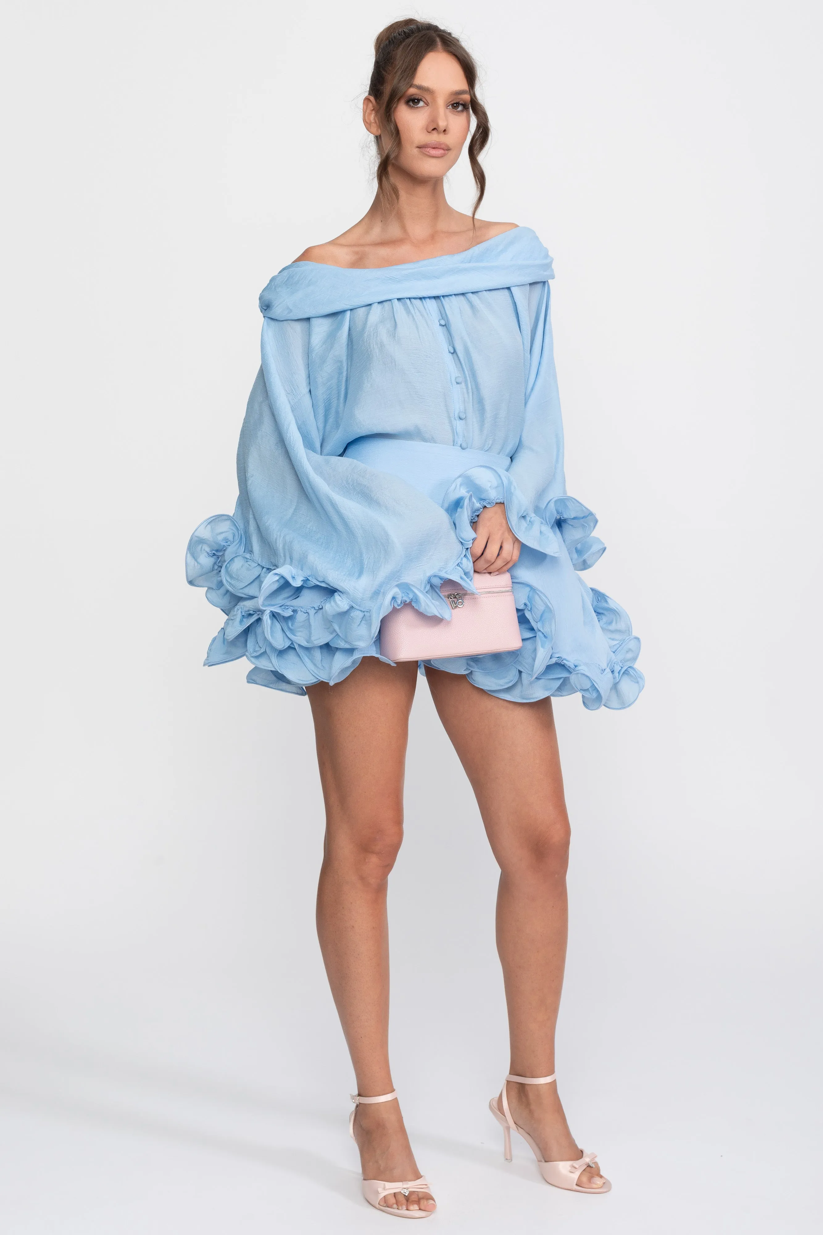 Off-Shoulder Ruffle Hem Co-Ord With Long Sleeves Shirt and Mini Skort - Light Blue sold by Sierra darien product image thumbnail 3