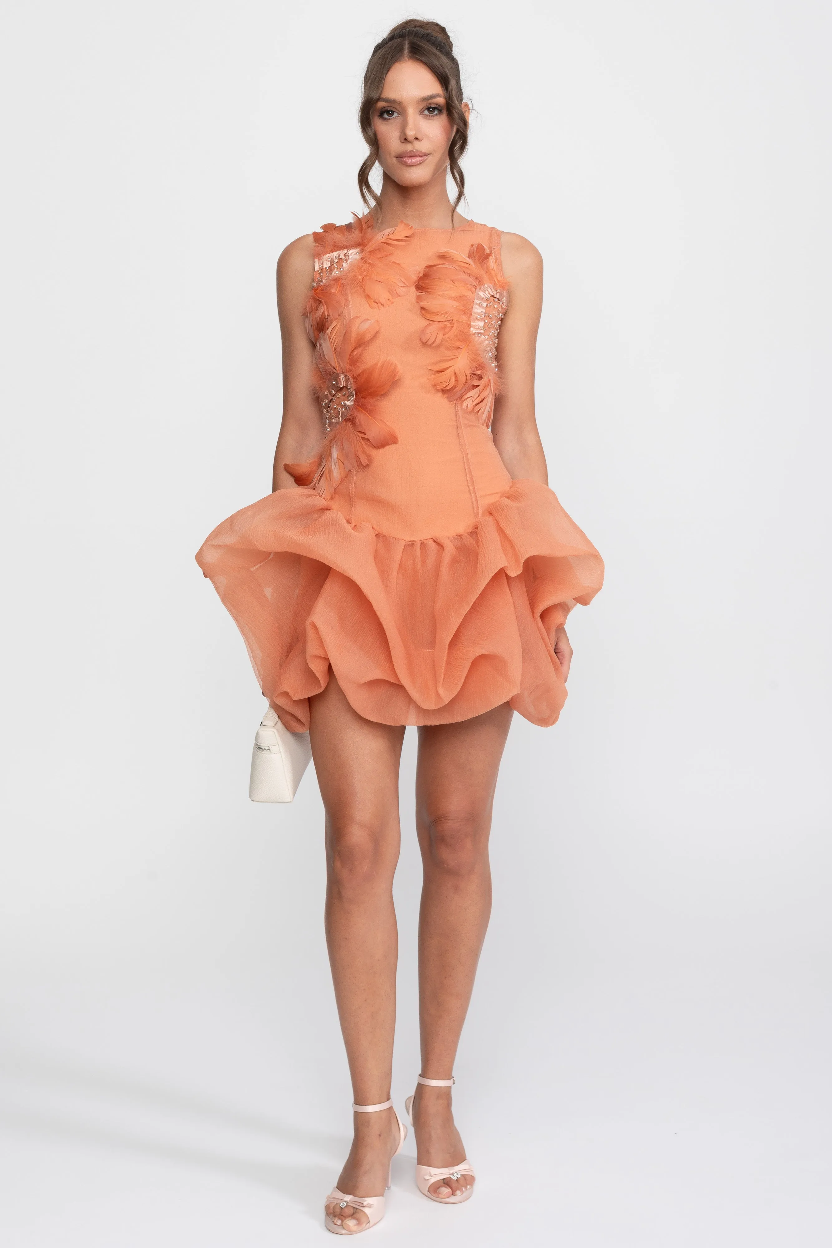 3D Feather Applique Peplum Mini Dress With Crystal Beads - Orange sold by Sierra darien product image thumbnail 3
