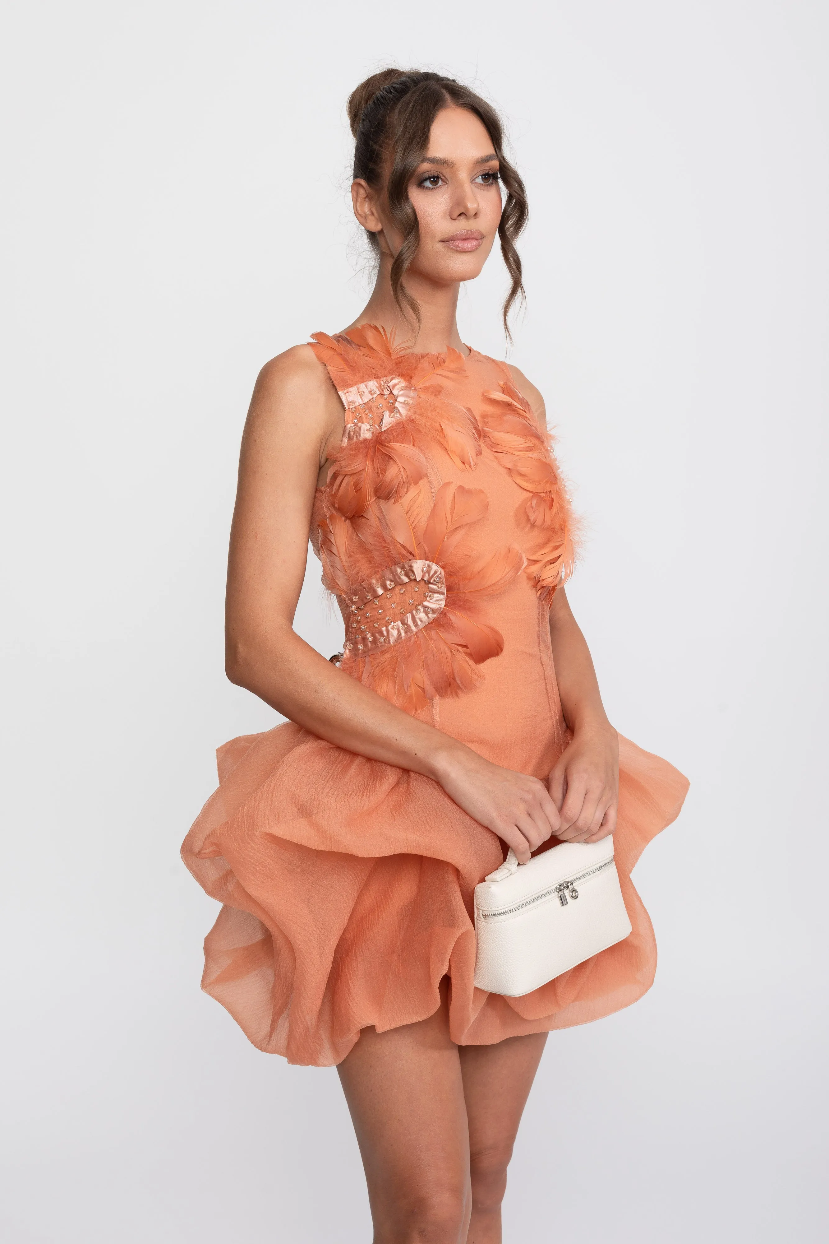 3D Feather Applique Peplum Mini Dress With Crystal Beads - Orange sold by Sierra darien product image thumbnail 5