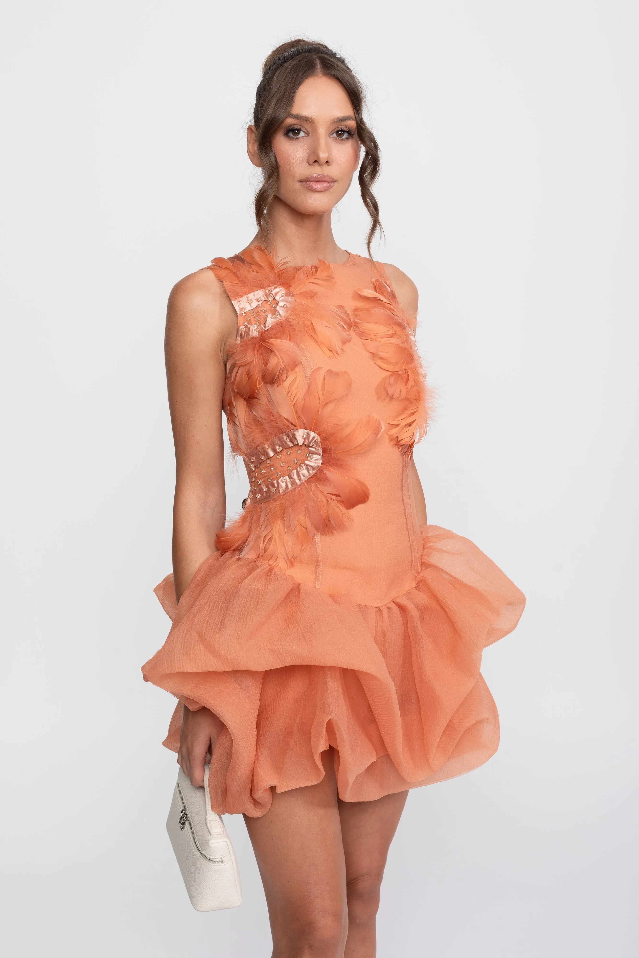 3D Feather Applique Peplum Mini Dress With Crystal Beads - Orange sold by Sierra darien product image thumbnail 4